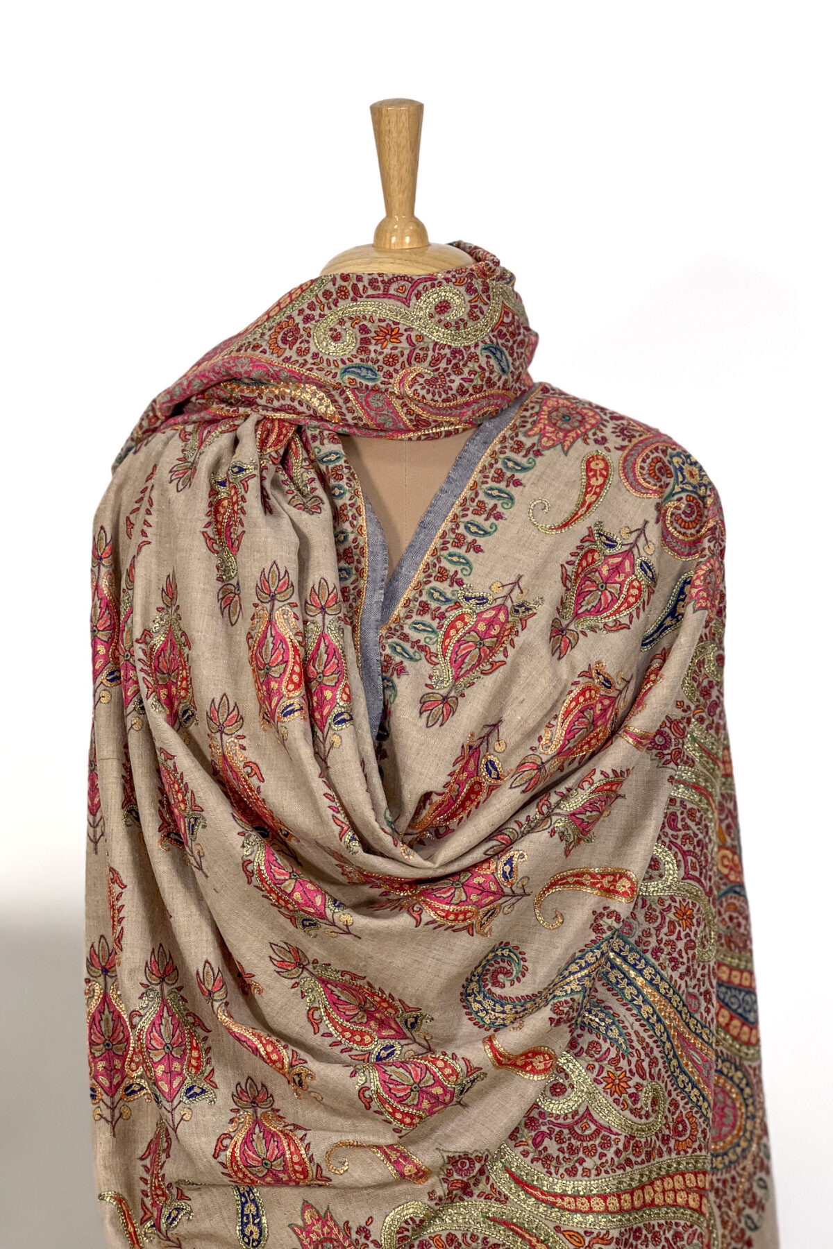 Beige Pure Pashmina Shawl With Sozni And Tilla Hand Embroidery
