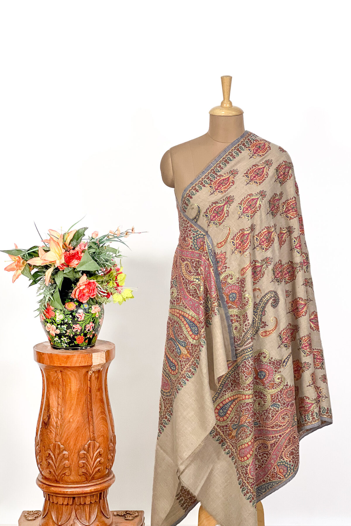 Beige Pure Pashmina Shawl With Sozni And Tilla Hand Embroidery