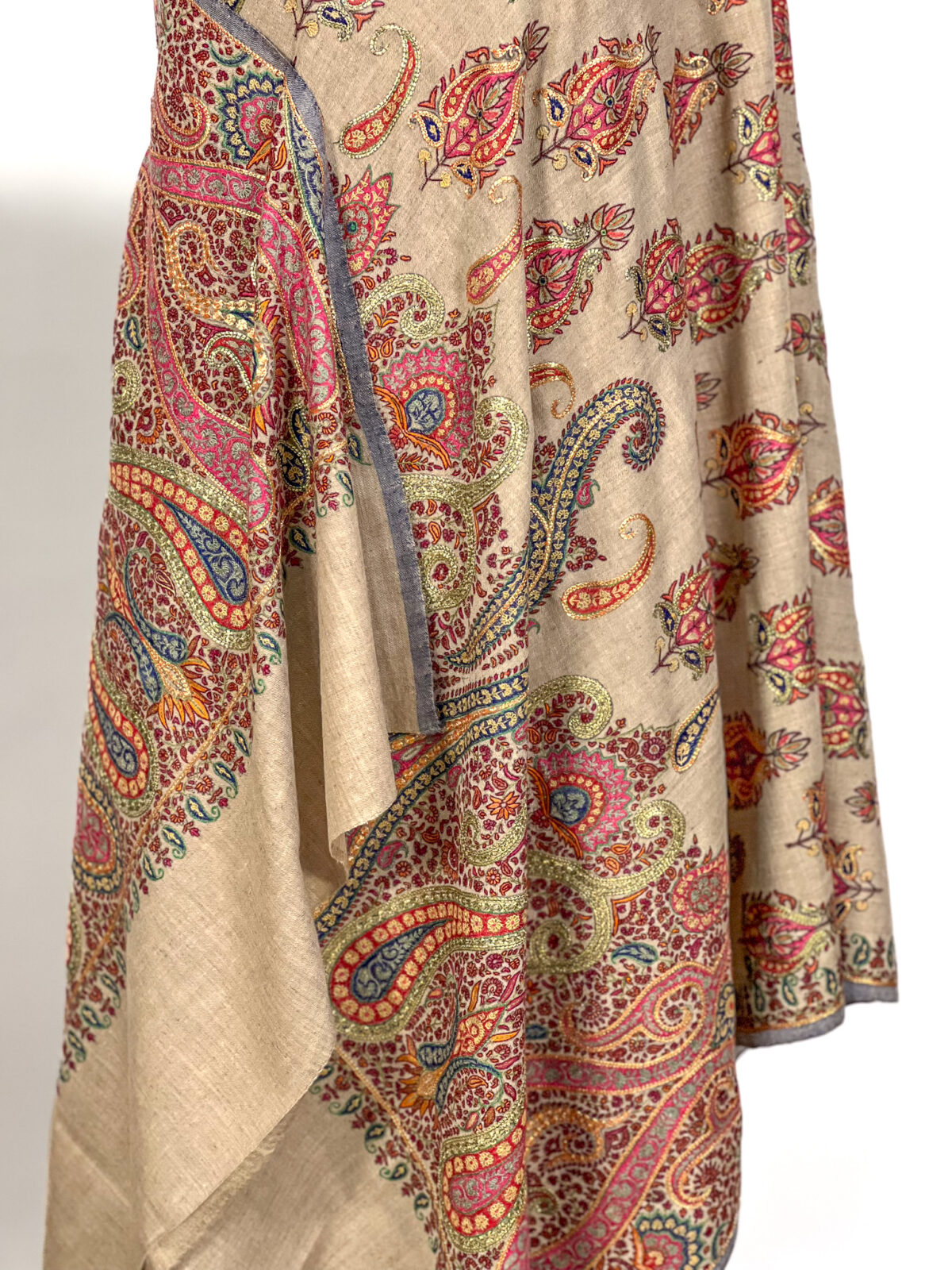 Beige Pure Pashmina Shawl With Sozni And Tilla Hand Embroidery