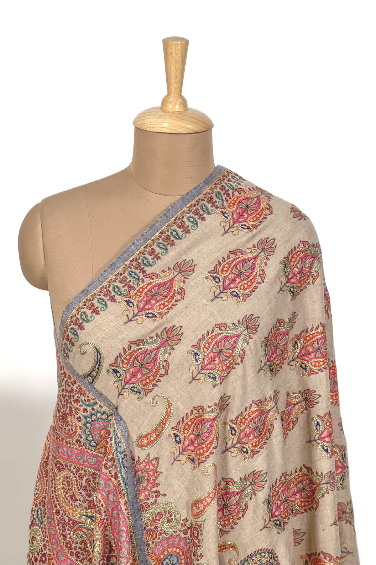 Beige Pure Pashmina Shawl With Sozni And Tilla Hand Embroidery
