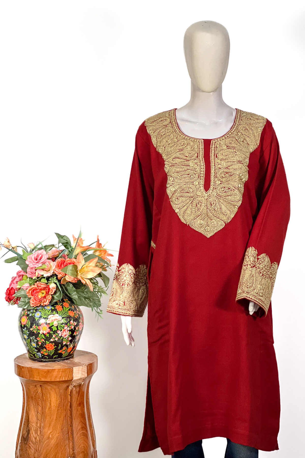 Red Woollen Phiran with Dull Gold Tilla Work
