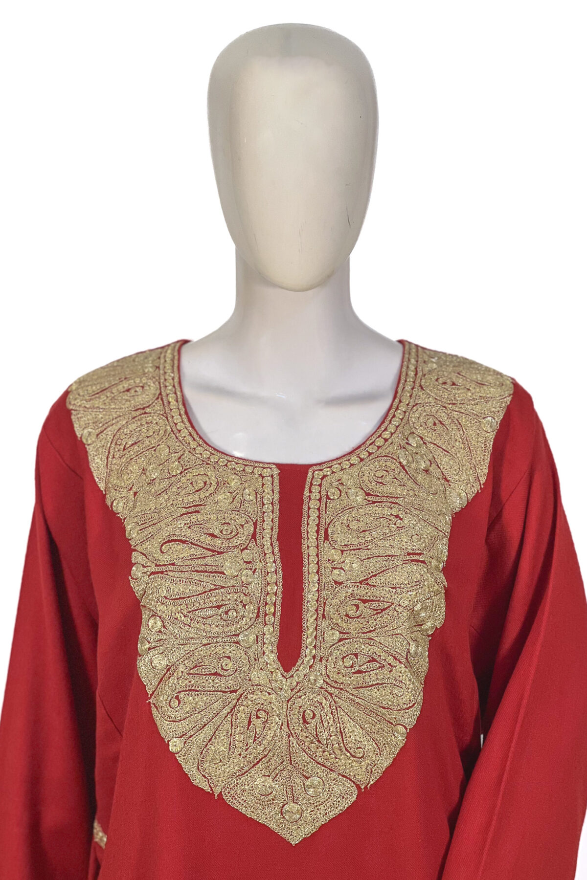 Red Woollen Phiran with Dull Gold Tilla Work