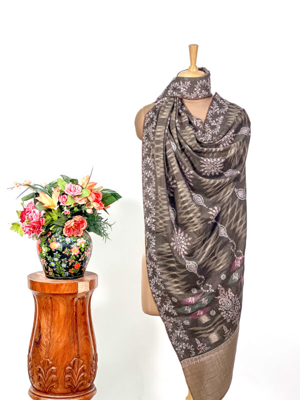 Grey Pure Pashmina Ikat Shawl With Floral Hand Embroidery
