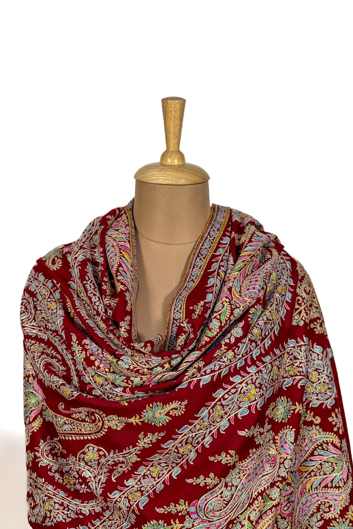 Red Pure Pashmina Shawl With Multi-Colour Sozni Jaal Hand Embroidery