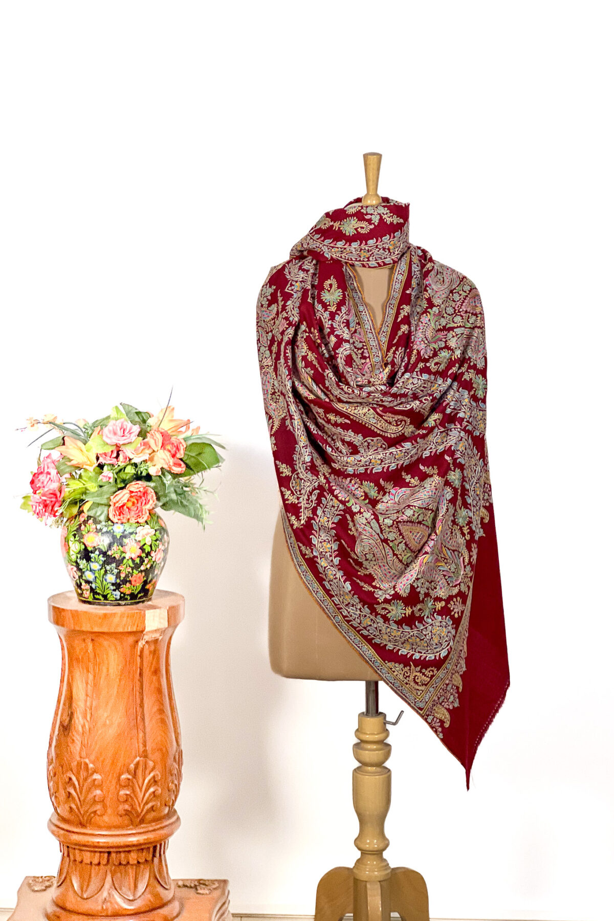 Red Pure Pashmina Shawl With Multi-Colour Sozni Jaal Hand Embroidery
