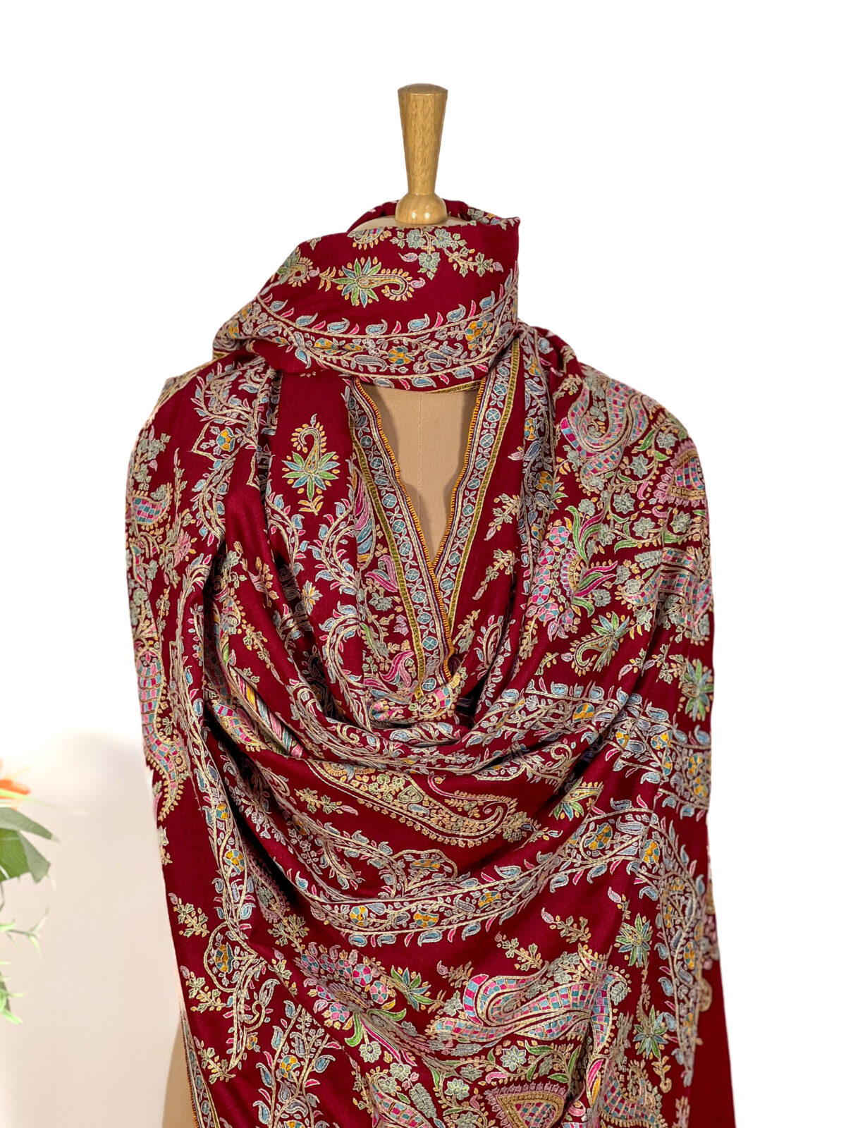 Red Pure Pashmina Shawl With Multi-Colour Sozni Jaal Hand Embroidery