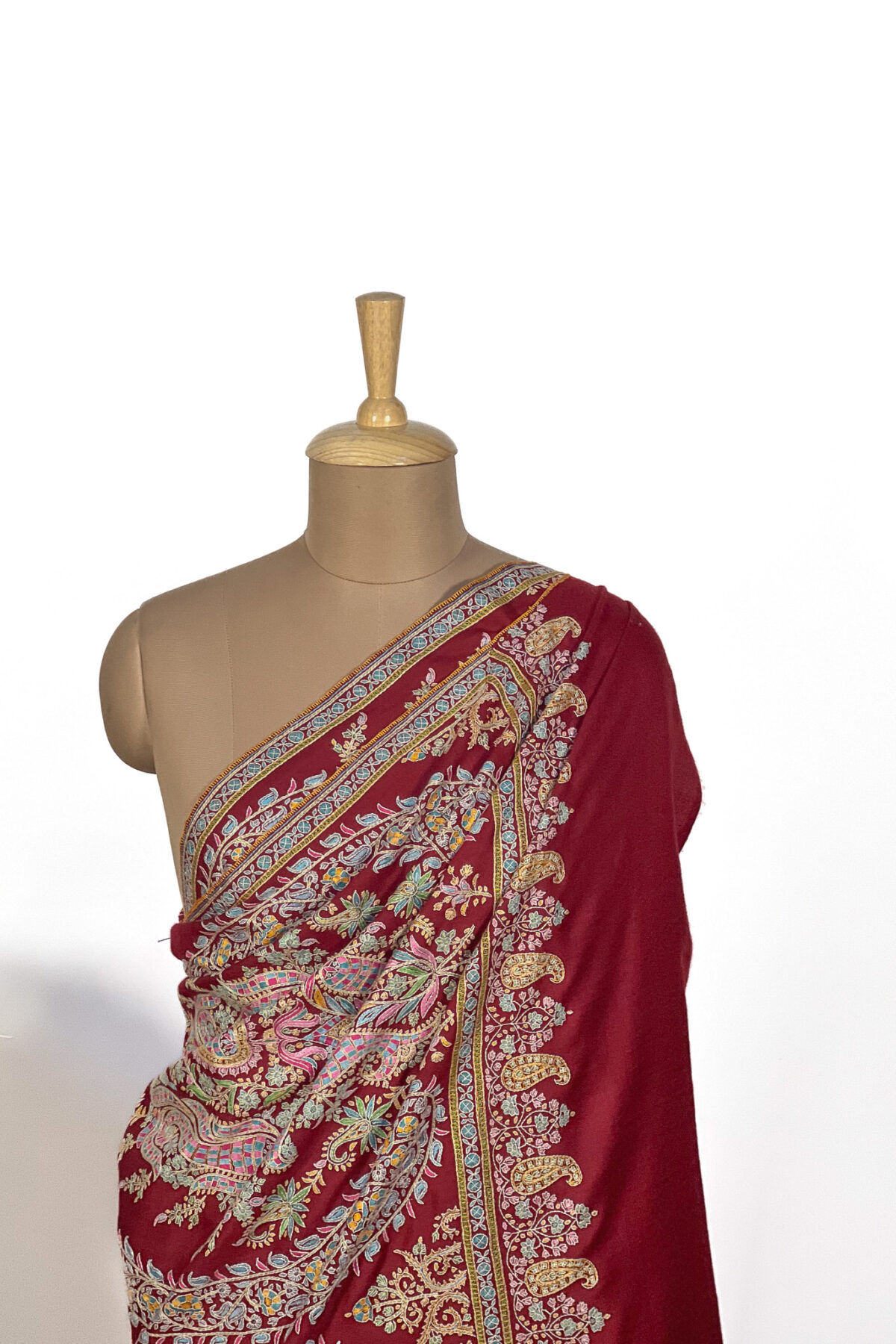 Red Pure Pashmina Shawl With Multi-Colour Sozni Jaal Hand Embroidery