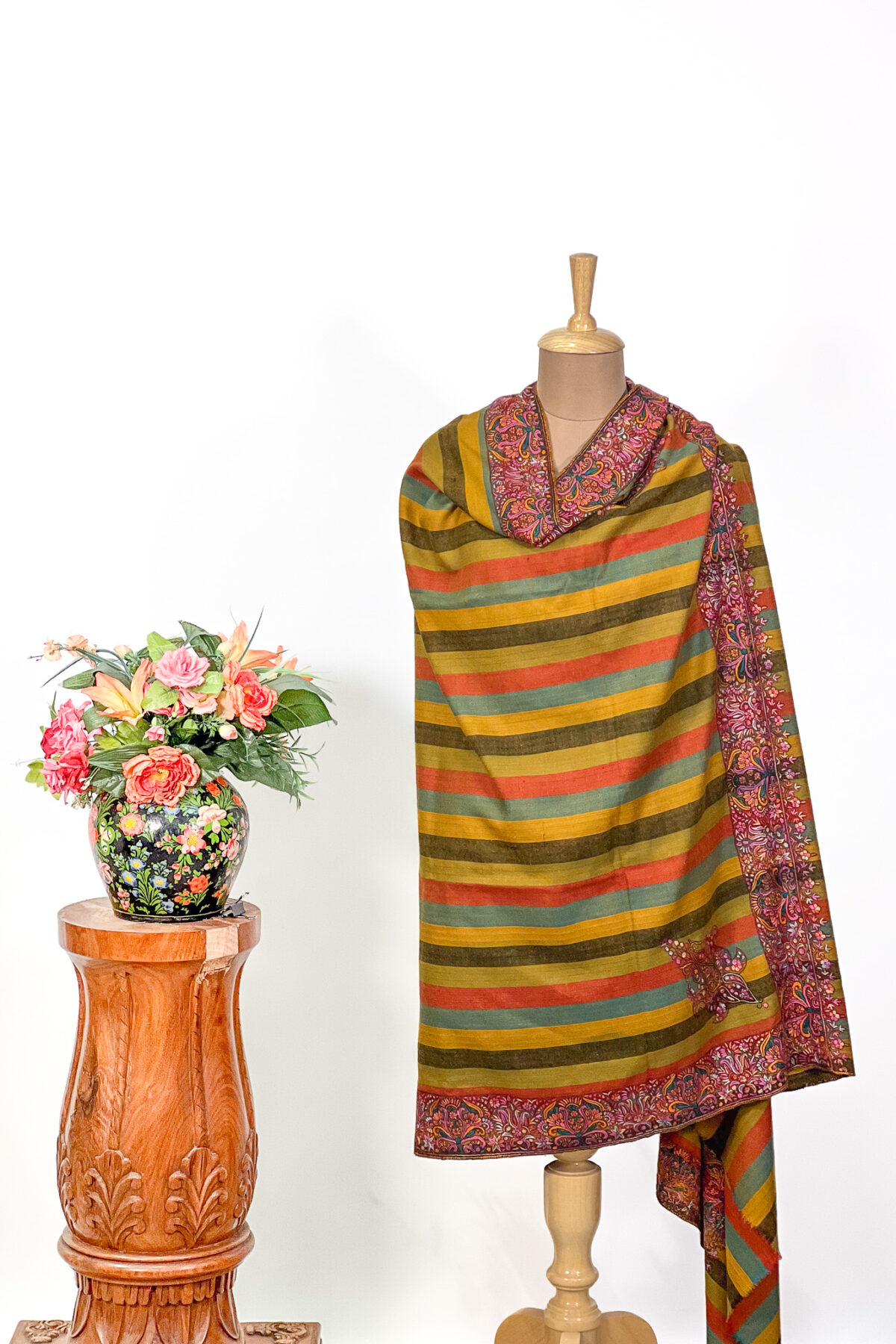 Mustard Striped Pure Pashmina Shawl With Sozni Hand Embroidery