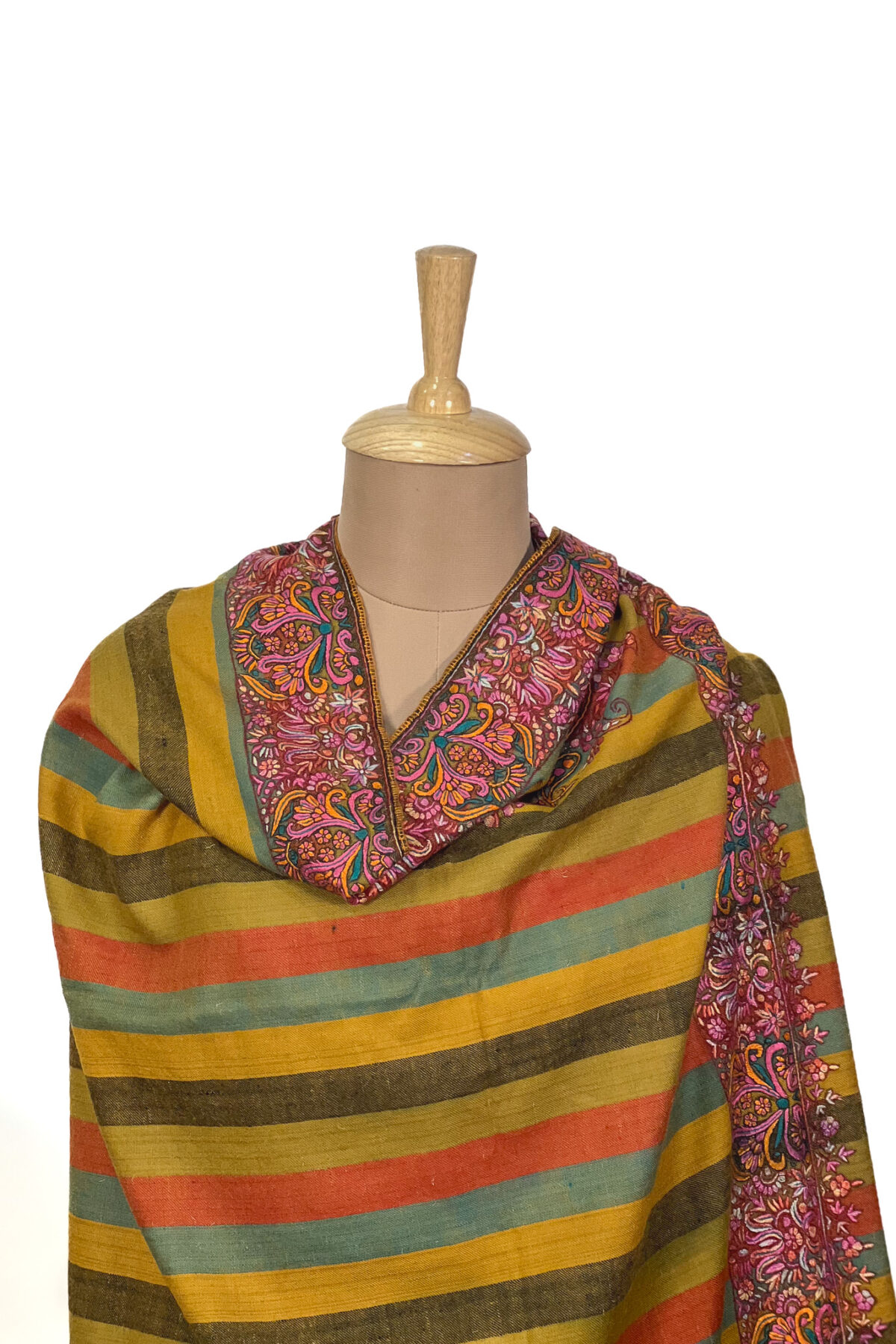 Mustard Striped Pure Pashmina Shawl With Sozni Hand Embroidery