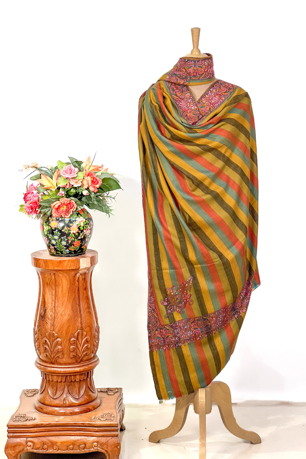 Mustard Striped Pure Pashmina Shawl With Sozni Hand Embroidery