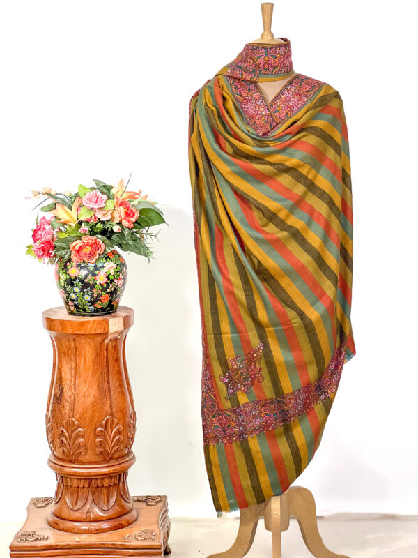 Mustard Striped Pure Pashmina Shawl With Sozni Hand Embroidery