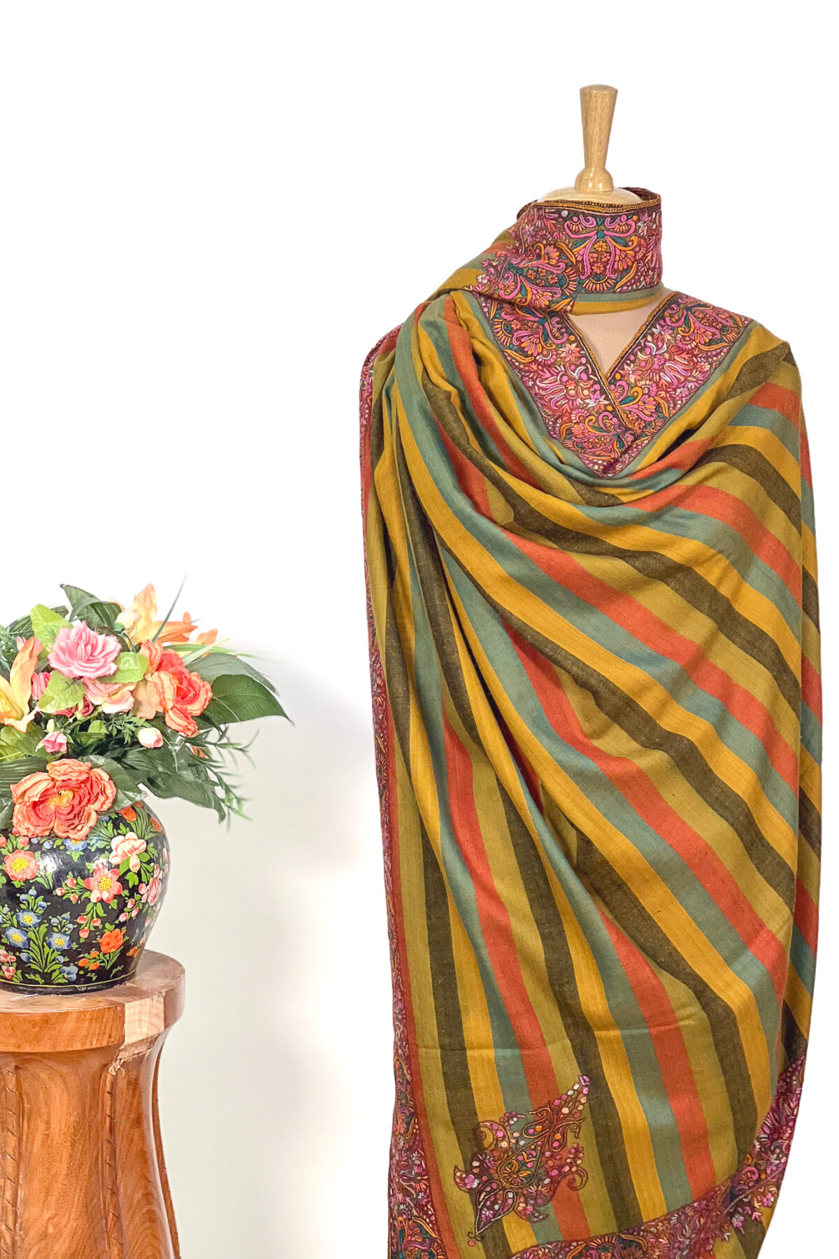 Mustard Striped Pure Pashmina Shawl With Sozni Hand Embroidery