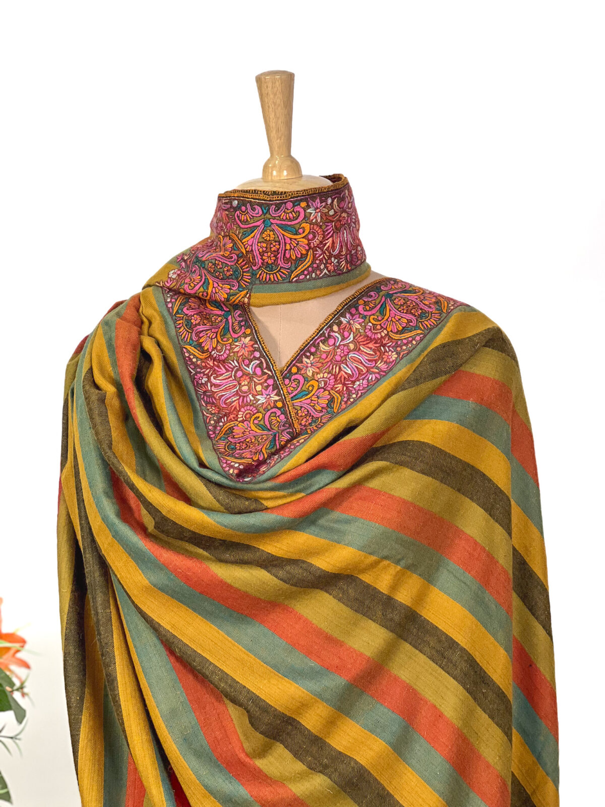Mustard Striped Pure Pashmina Shawl With Sozni Hand Embroidery