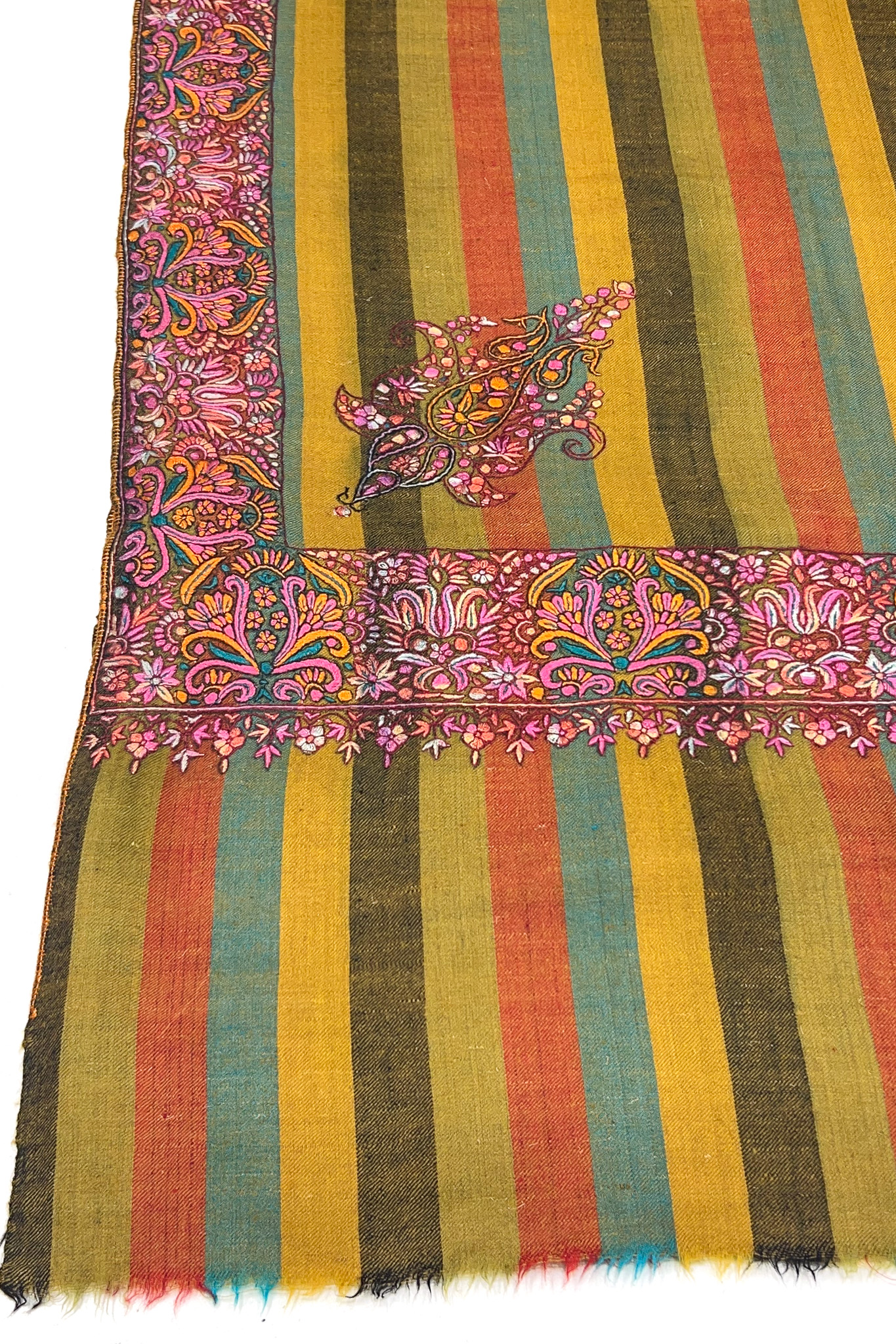 Mustard Striped Pure Pashmina Shawl With Sozni Hand Embroidery