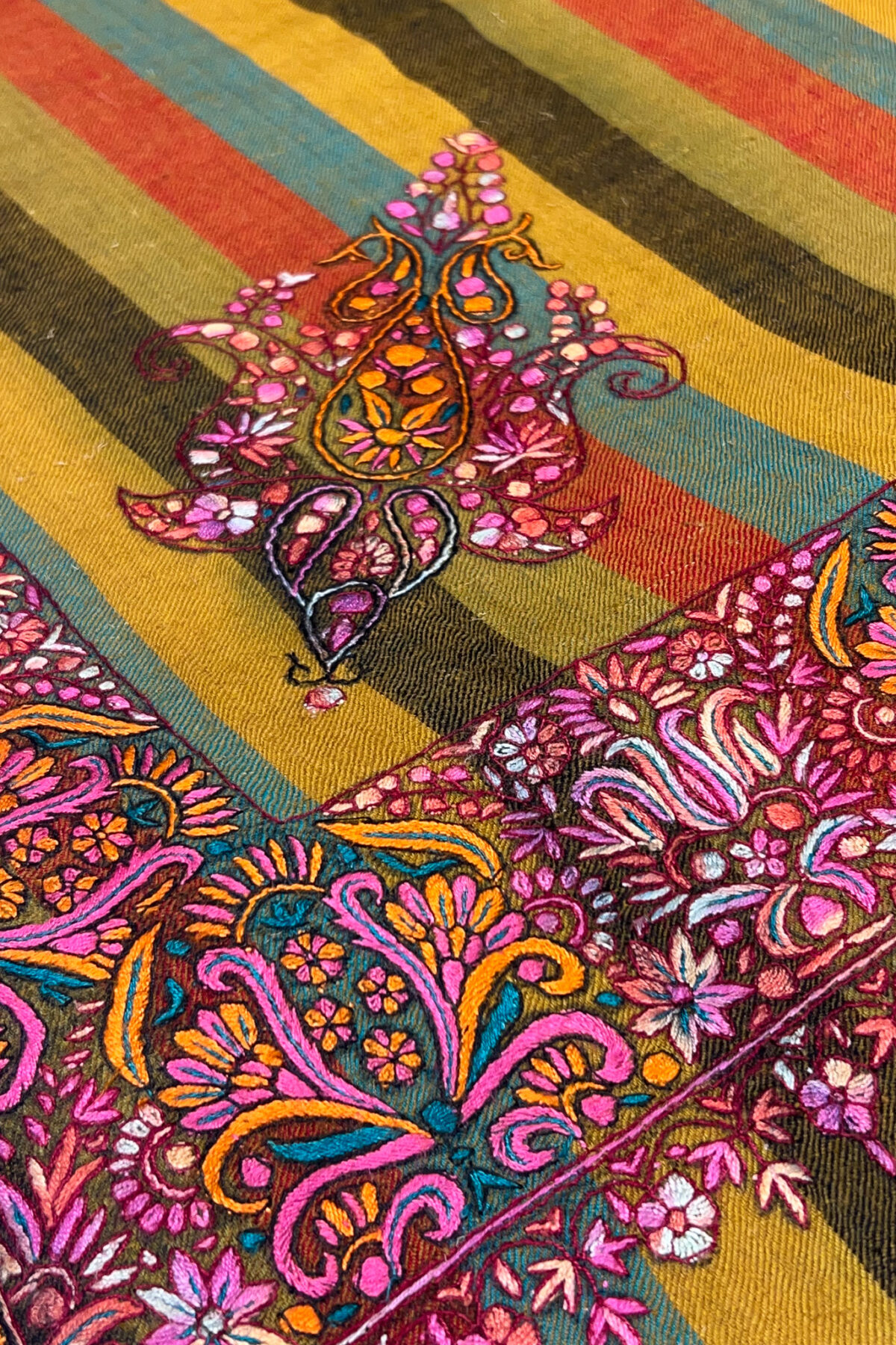 Mustard Striped Pure Pashmina Shawl With Sozni Hand Embroidery