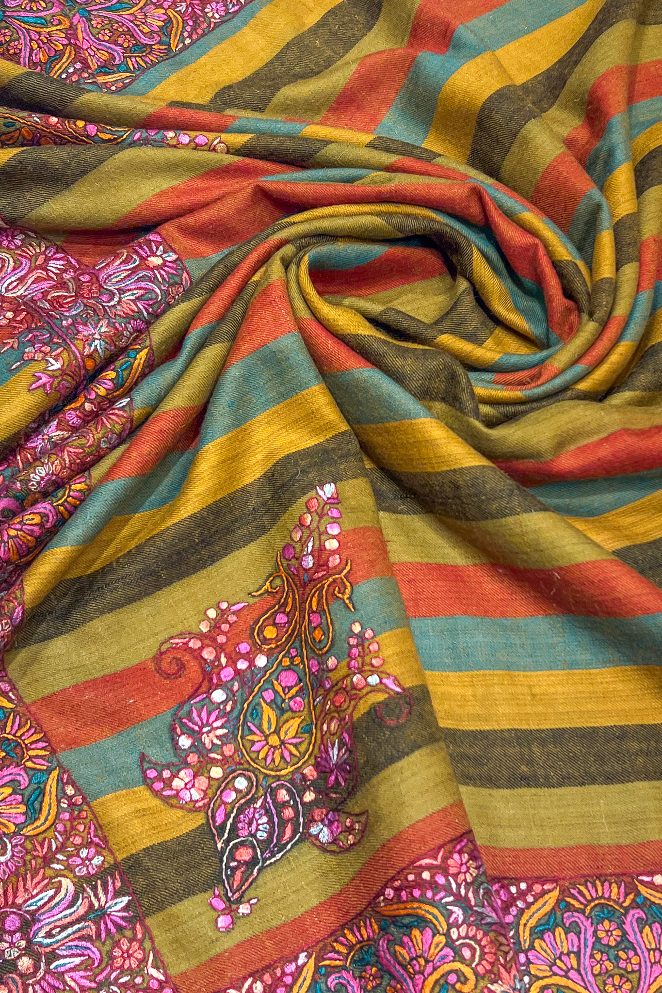 Mustard Striped Pure Pashmina Shawl With Sozni Hand Embroidery