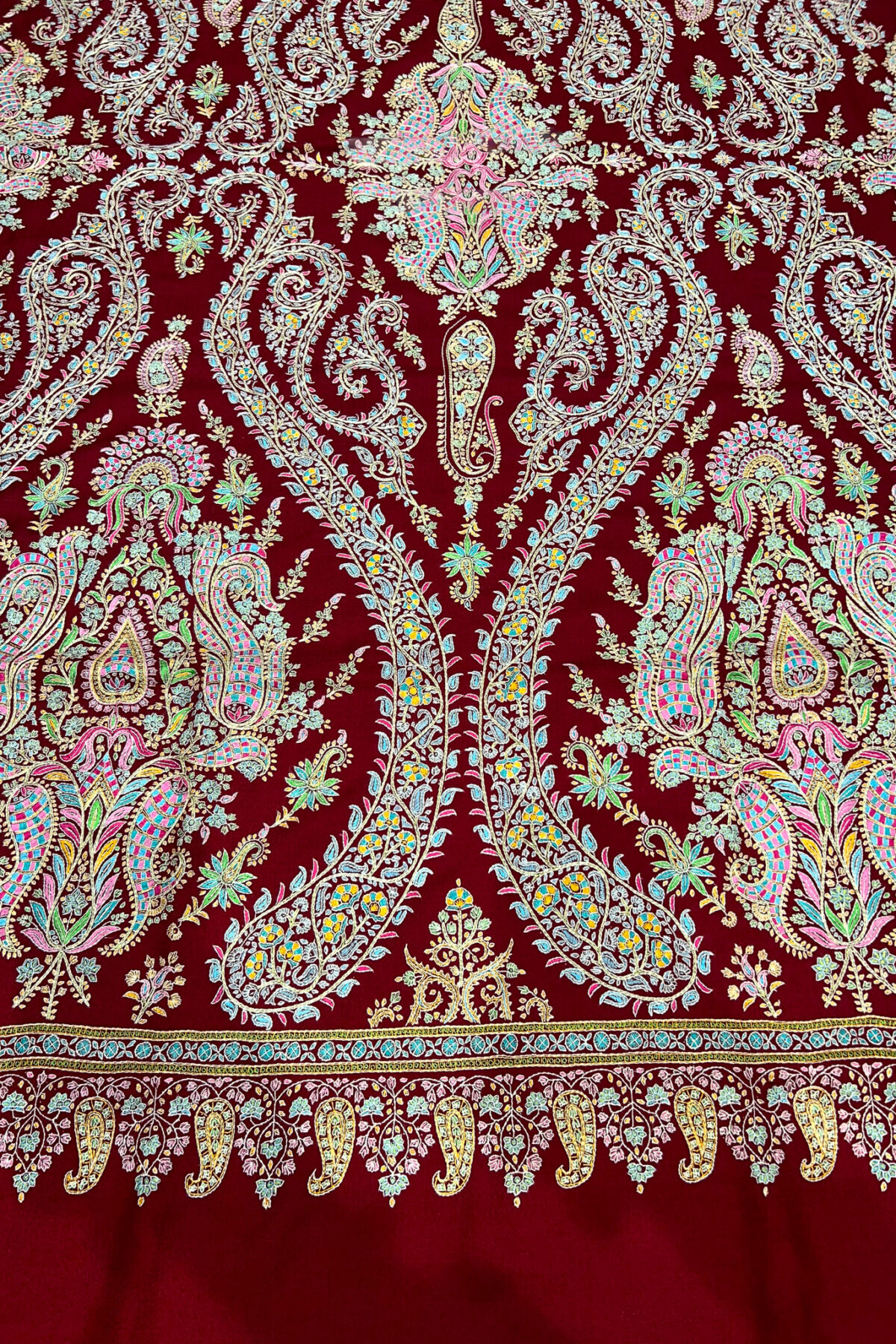 Red Pure Pashmina Shawl With Multi-Colour Sozni Jaal Hand Embroidery
