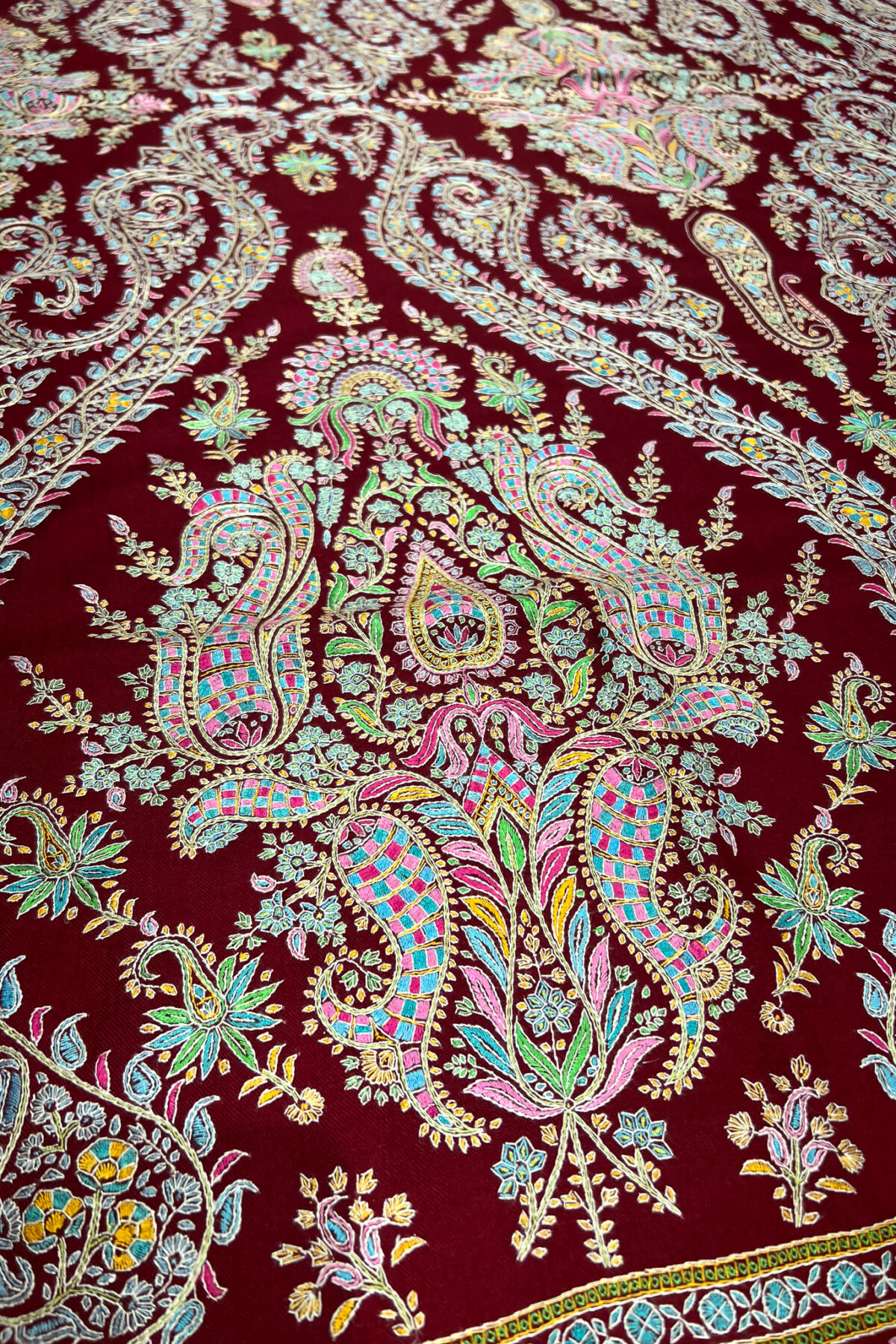 Red Pure Pashmina Shawl With Multi-Colour Sozni Jaal Hand Embroidery