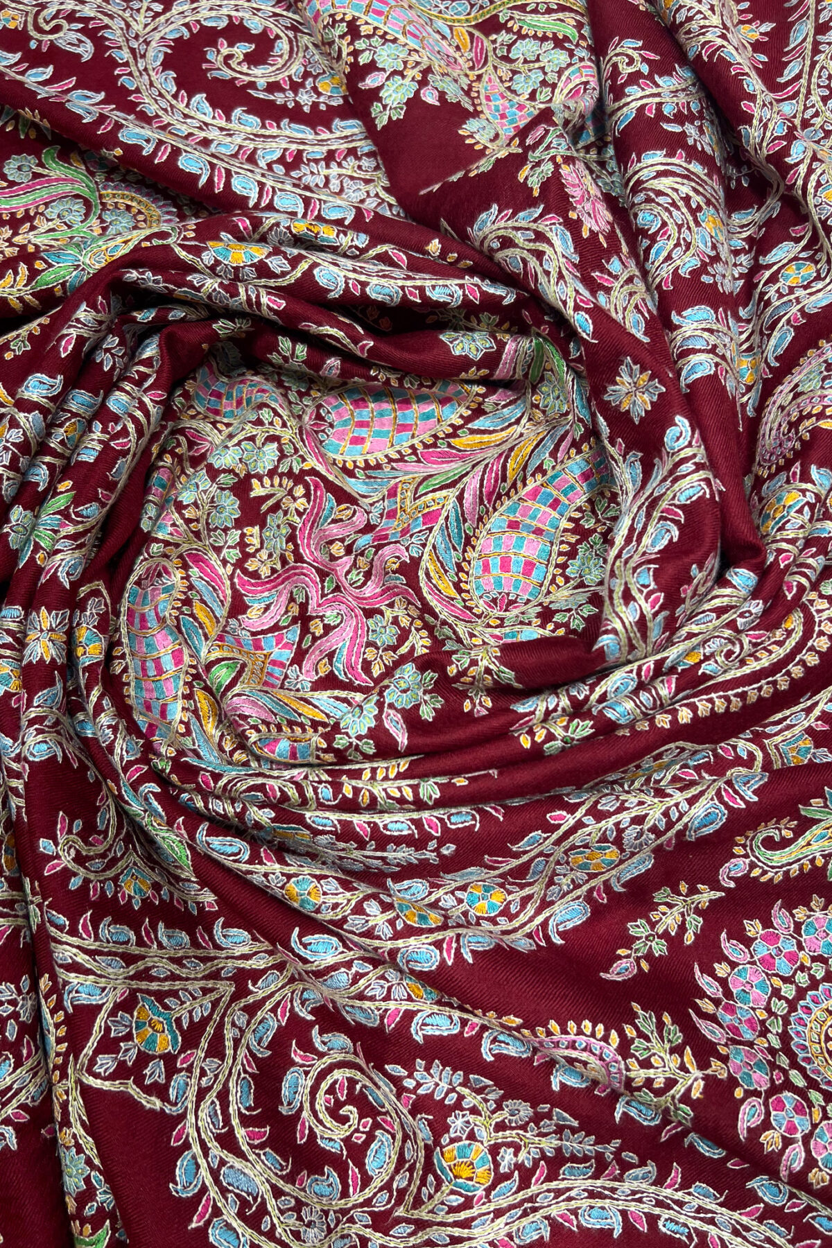 Red Pure Pashmina Shawl With Multi-Colour Sozni Jaal Hand Embroidery