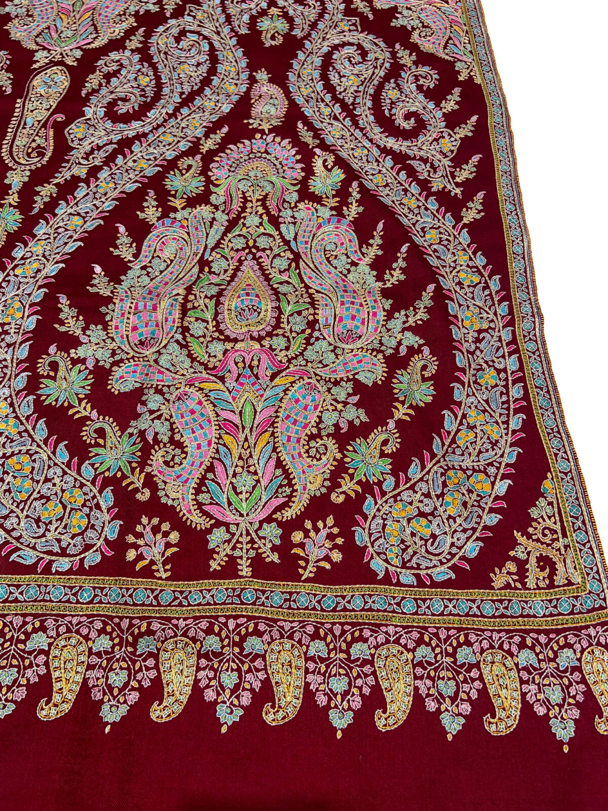 Red Pure Pashmina Shawl With Multi-Colour Sozni Jaal Hand Embroidery