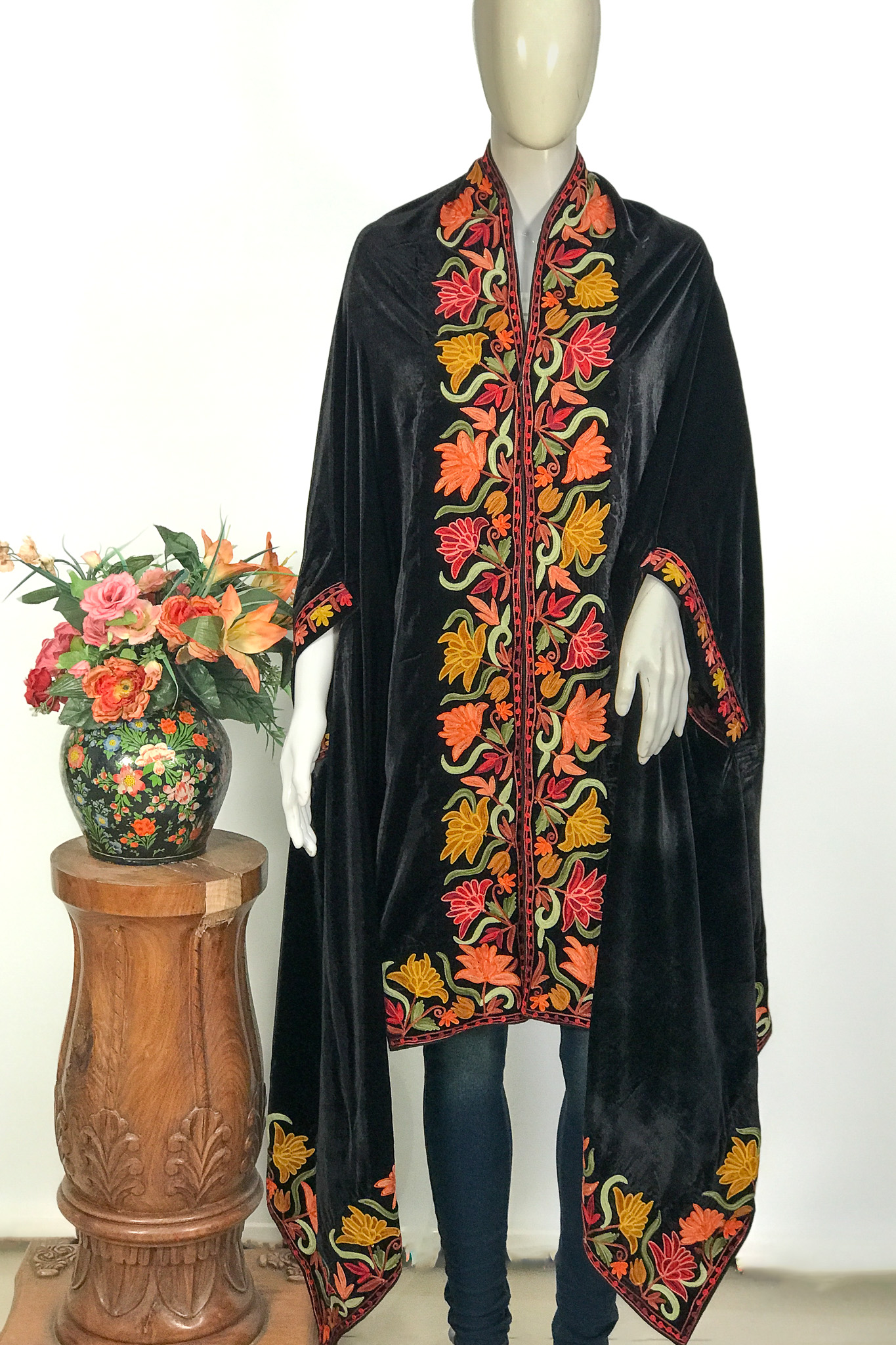 Black Velvet Cape Shawl with Kashmiri Floral Aari Embroidery