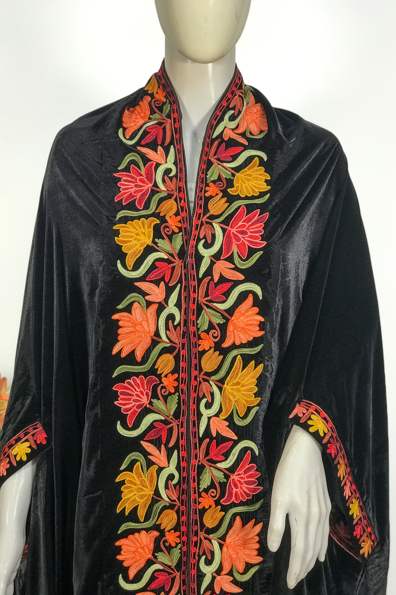 Black Velvet Cape Shawl with Kashmiri Floral Aari Embroidery