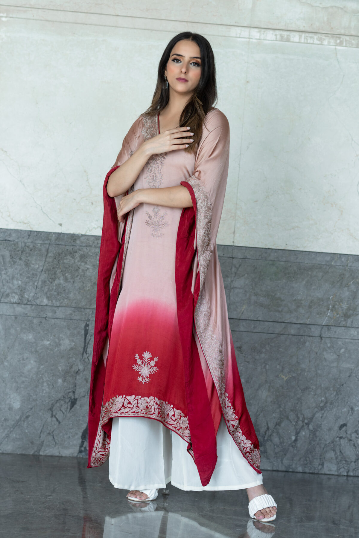 Ombre Women Cotton Satin Kashmiri Kaftan with Tilla Embroidery