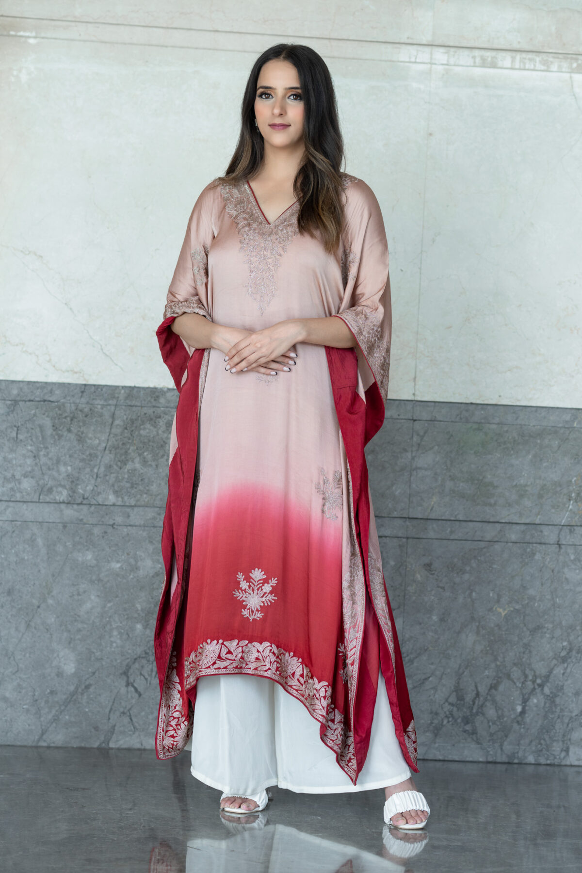 Ombre Women Cotton Satin Kashmiri Kaftan with Tilla Embroidery
