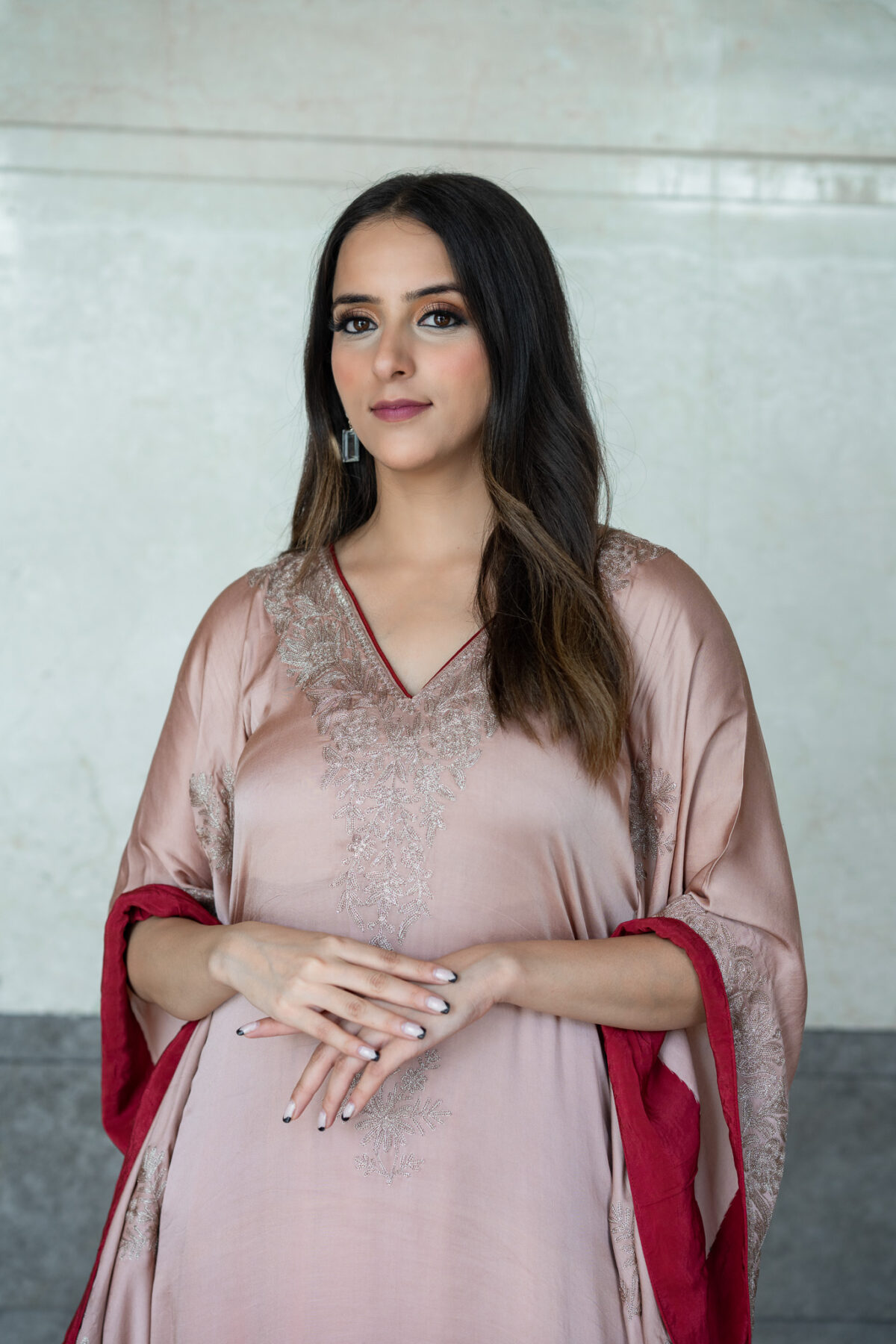Ombre Women Cotton Satin Kashmiri Kaftan with Tilla Embroidery