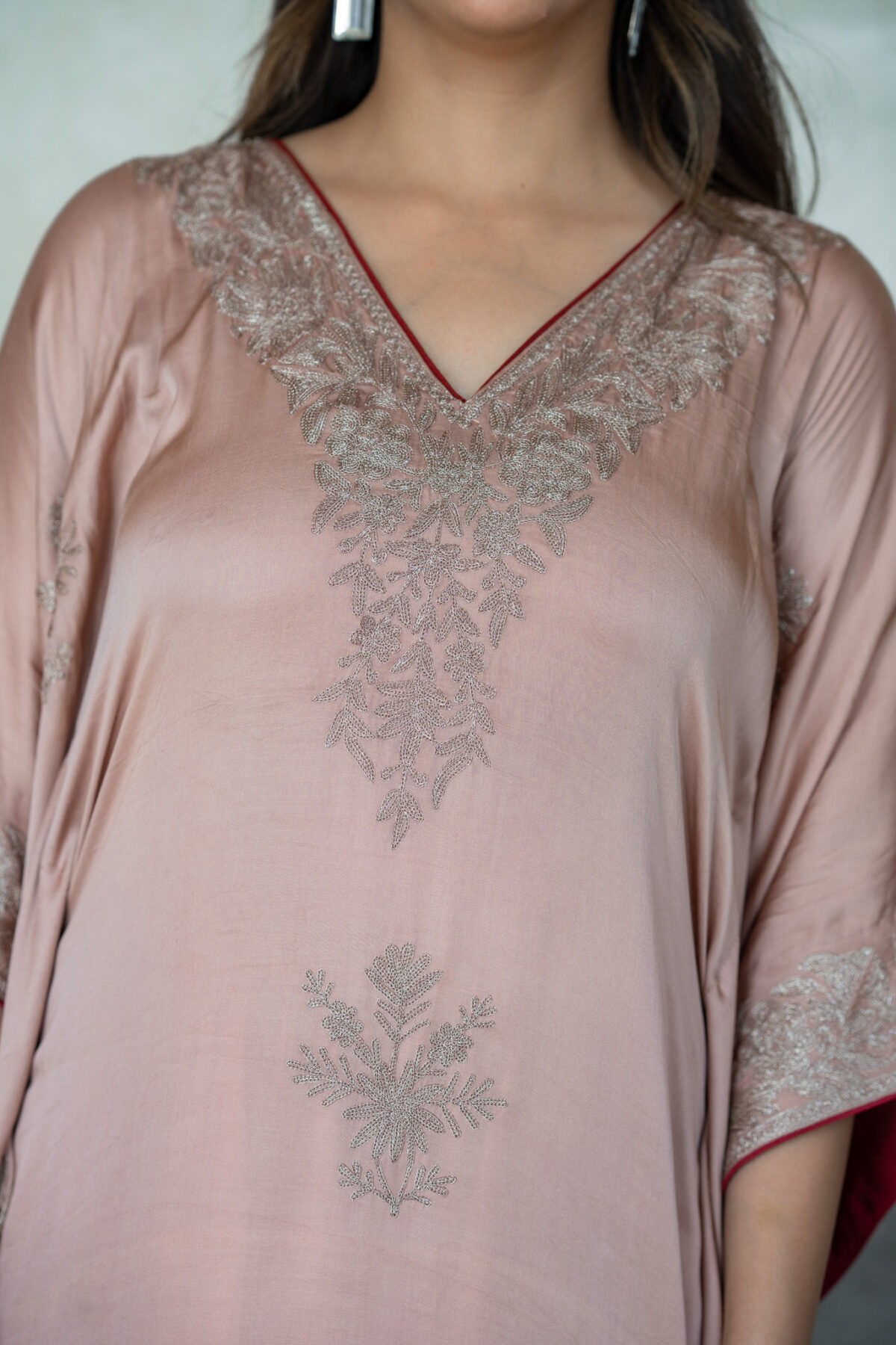 Ombre Women Cotton Satin Kashmiri Kaftan with Tilla Embroidery