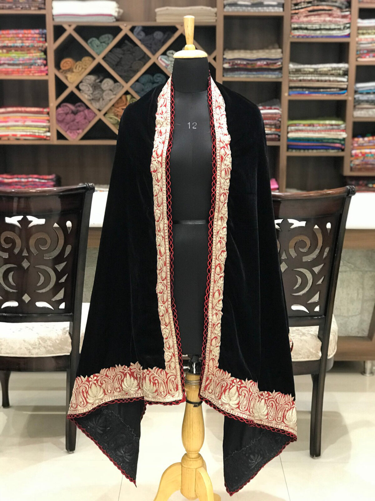 Black Velvet Shawl with Tilla Embroidery and Scalping