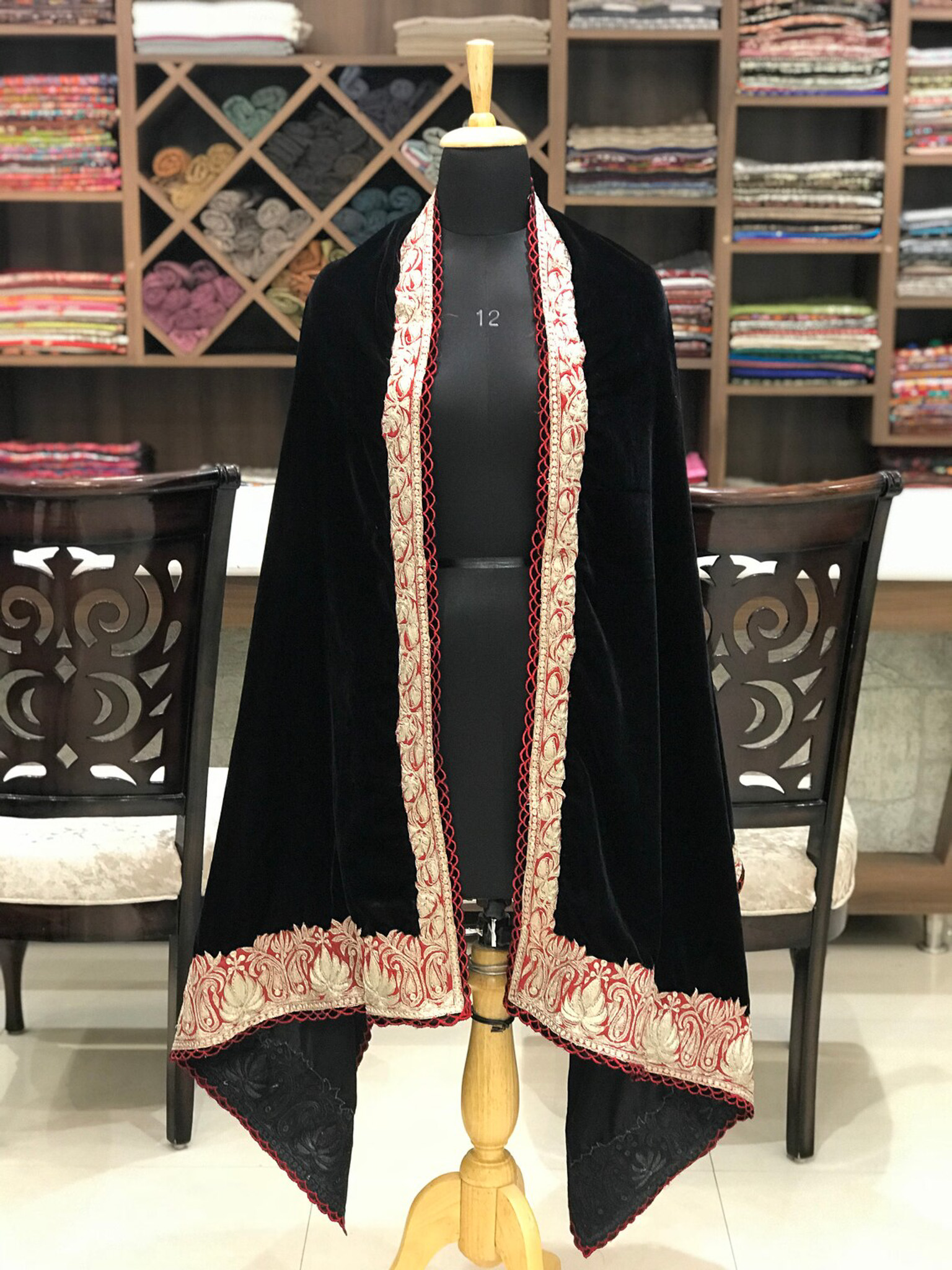 Black Velvet Shawl with Tilla Embroidery and Scalping