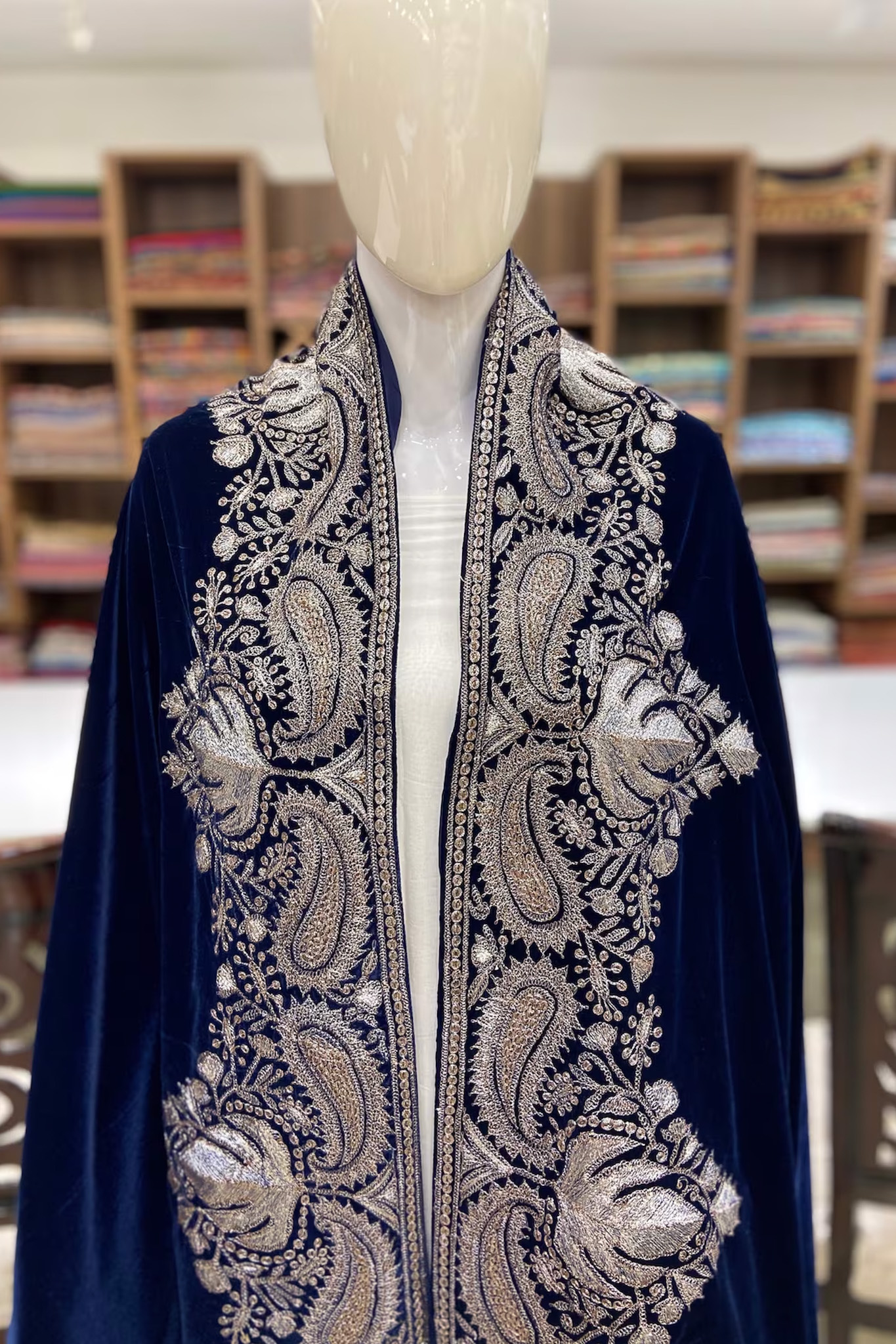 Blue Antique Tilla Velvet Cape Shawl with Kashmiri Embroidery