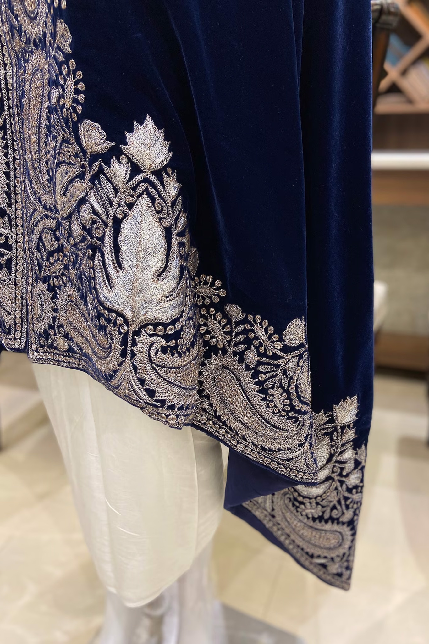 Blue Antique Tilla Velvet Cape Shawl with Kashmiri Embroidery