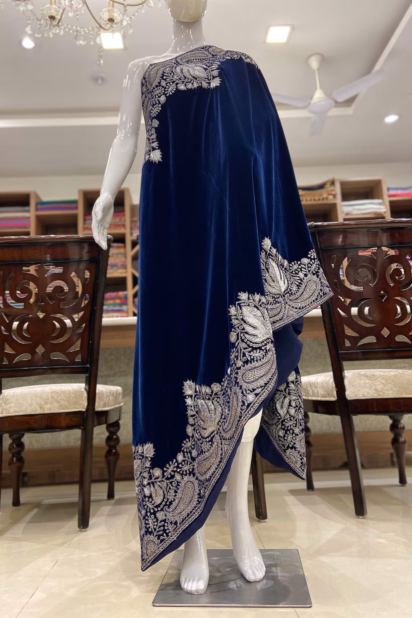 Blue Antique Tilla Velvet Cape Shawl with Kashmiri Embroidery
