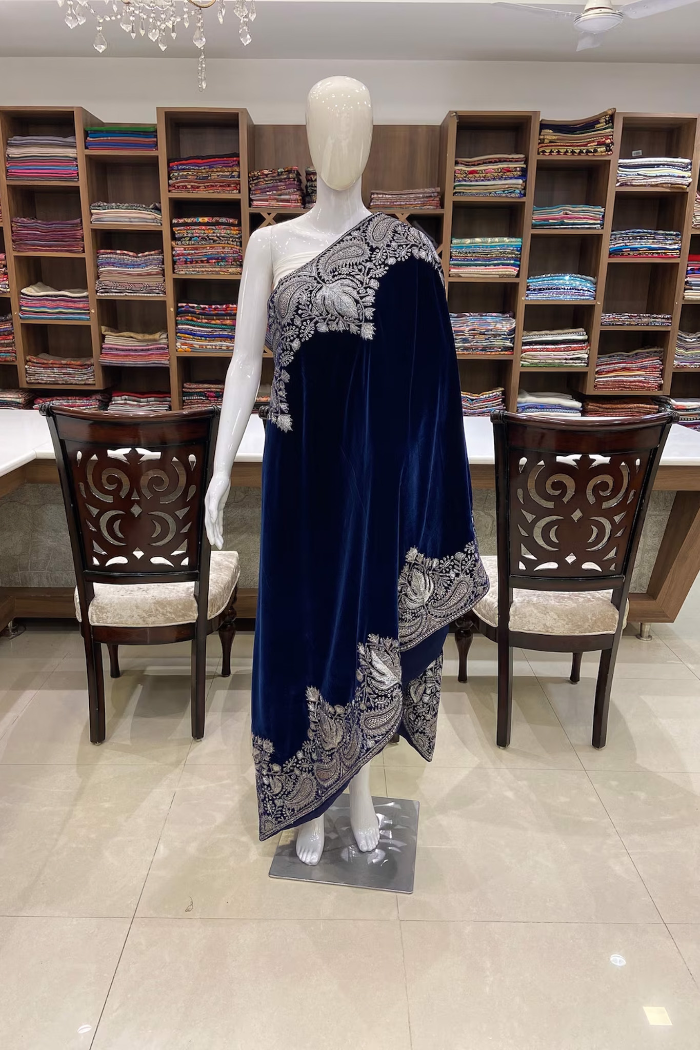 Blue Antique Tilla Velvet Cape Shawl with Kashmiri Embroidery