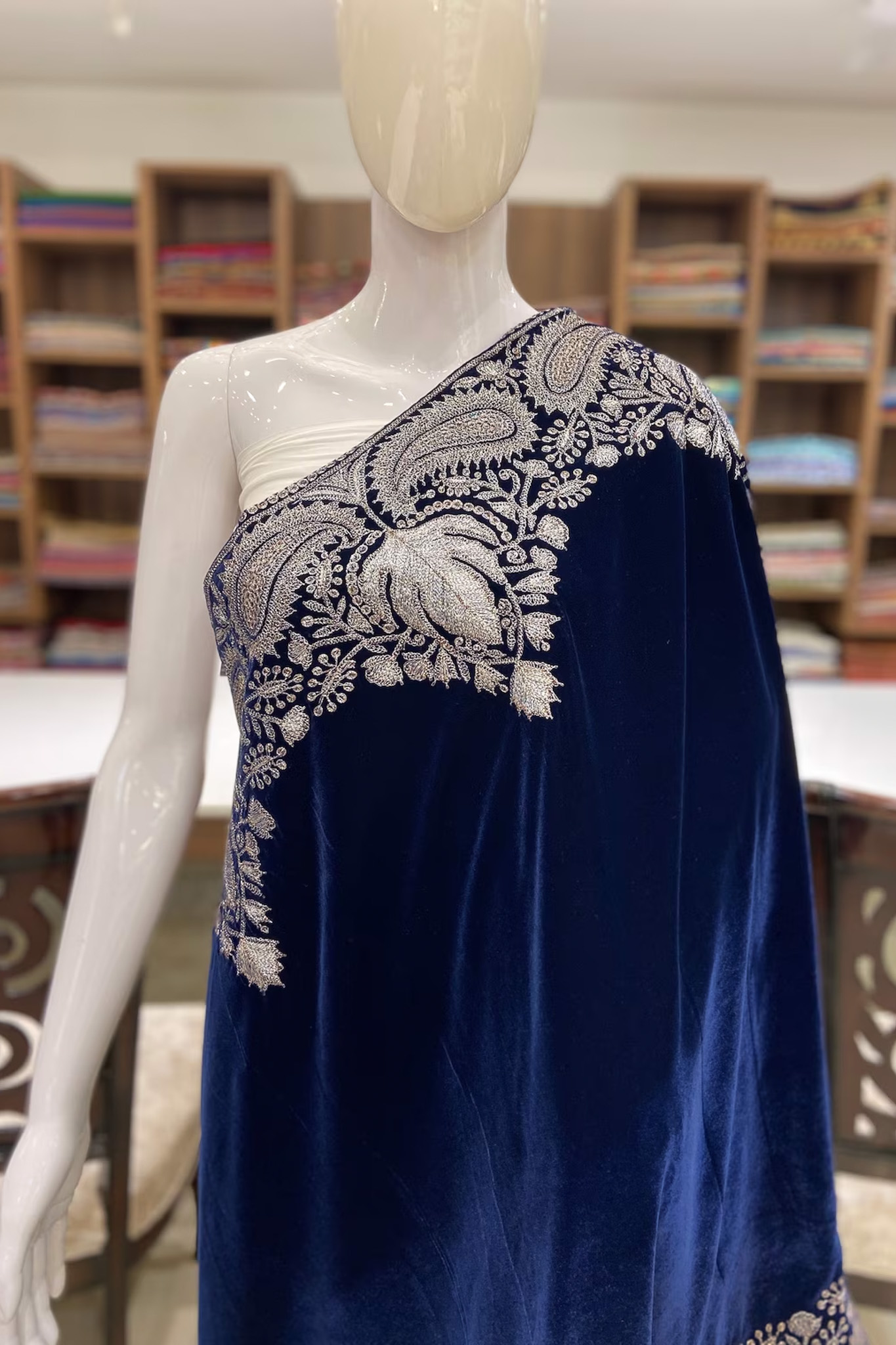 Blue Antique Tilla Velvet Cape Shawl with Kashmiri Embroidery