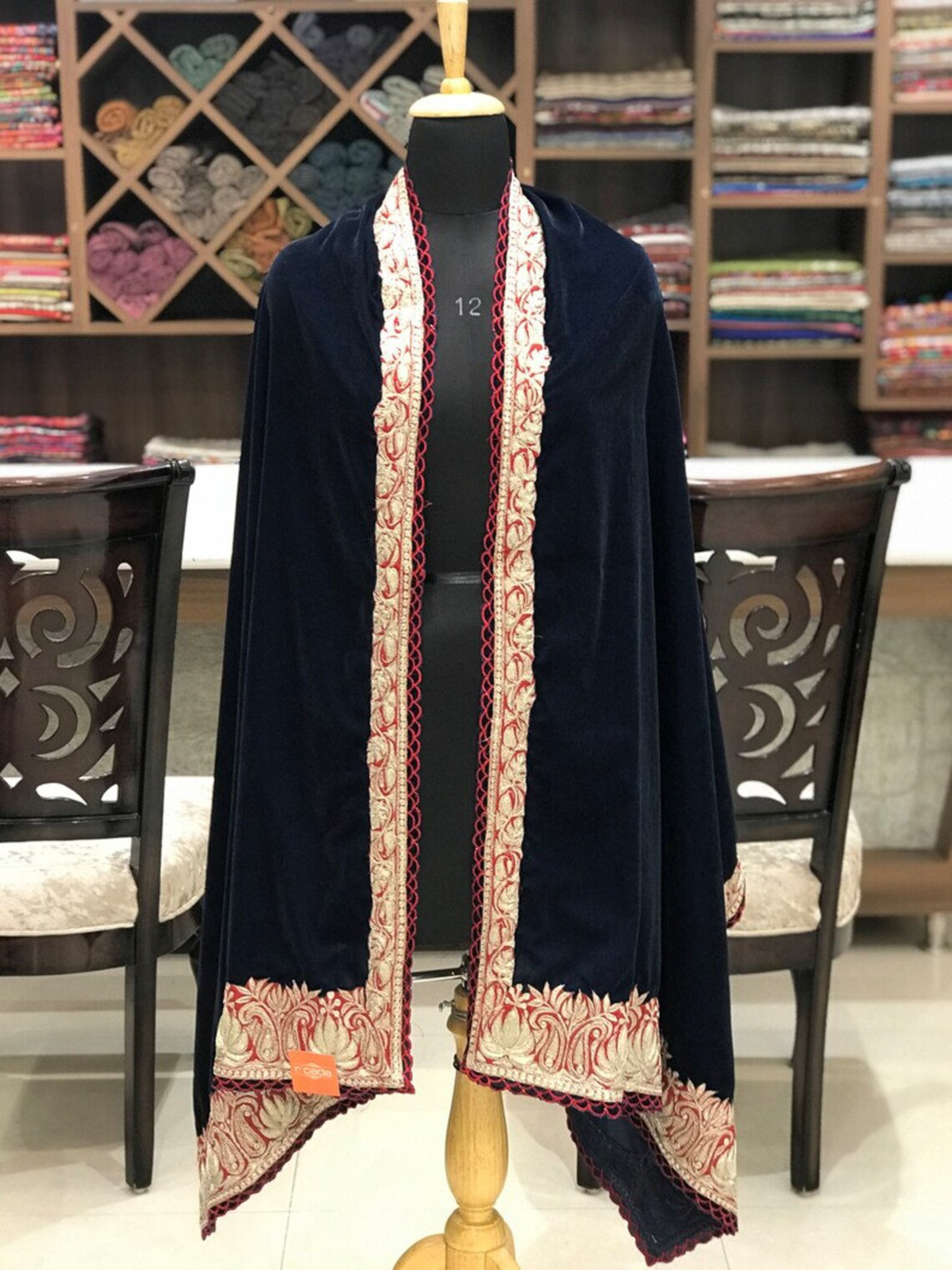 Black Velvet Shawl with Tilla Embroidery and Scalping