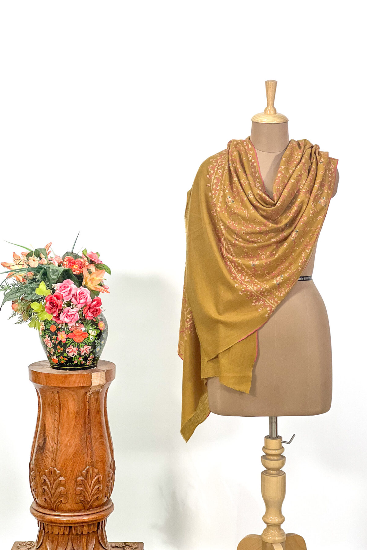 Pure Pashmina Mustard Sozni Hand Embroidered Stole