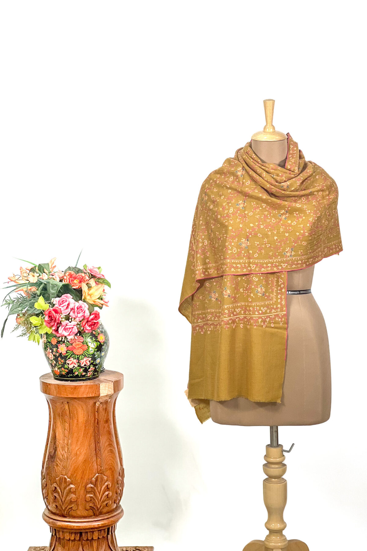 Pure Pashmina Mustard Sozni Hand Embroidered Stole