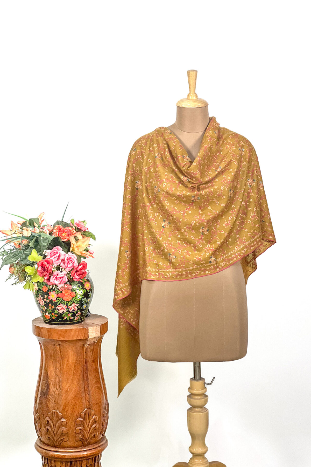 Pure Pashmina Mustard Sozni Hand Embroidered Stole