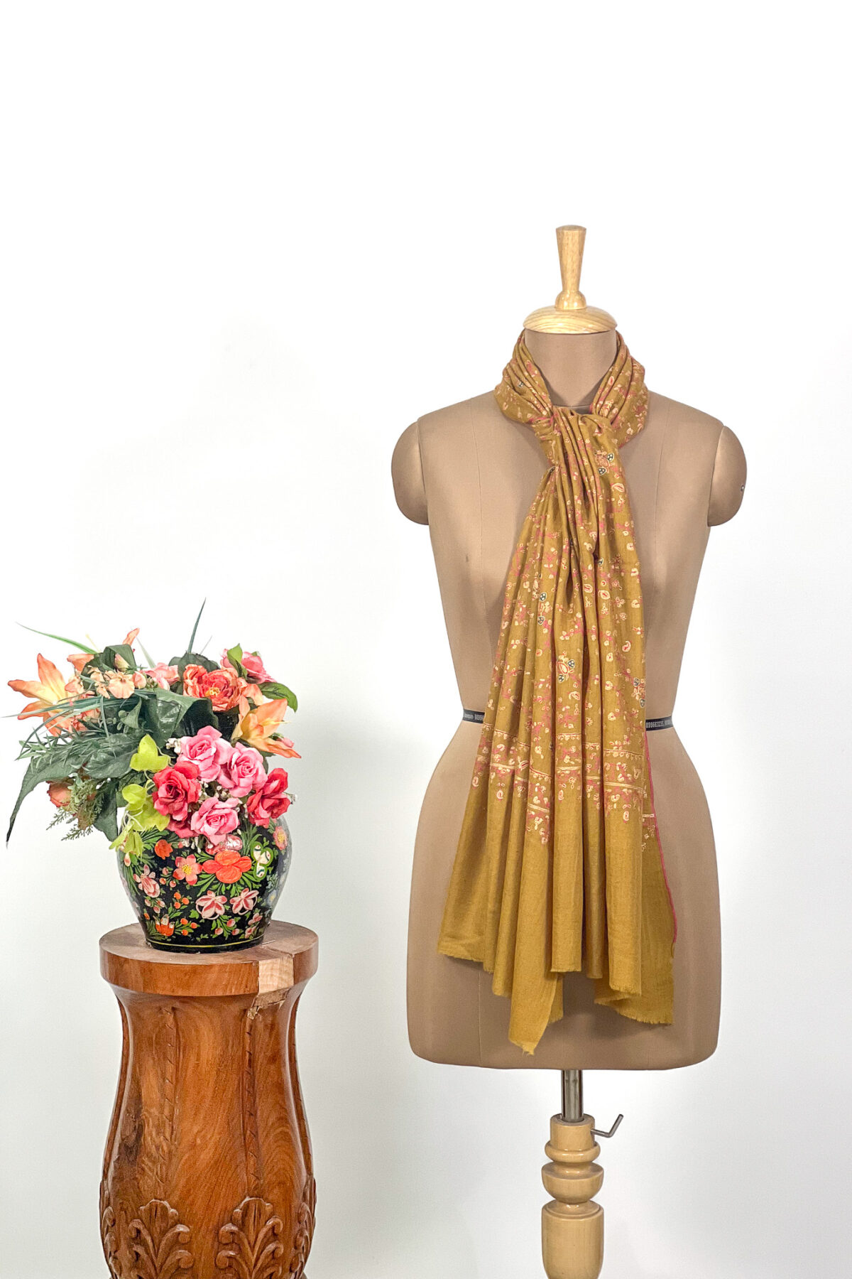 Pure Pashmina Mustard Sozni Hand Embroidered Stole