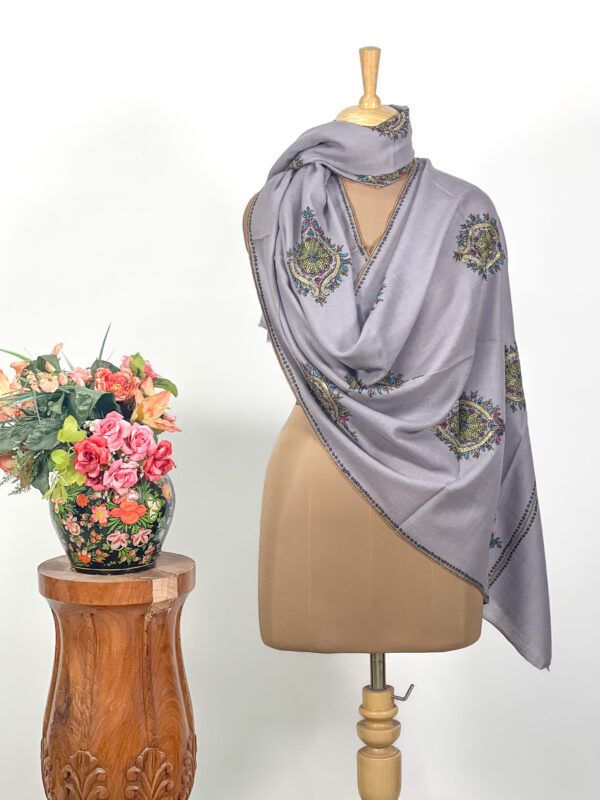 Powder Blue Pure Pashmina Sozni Tilla Hand Embroidered Stole