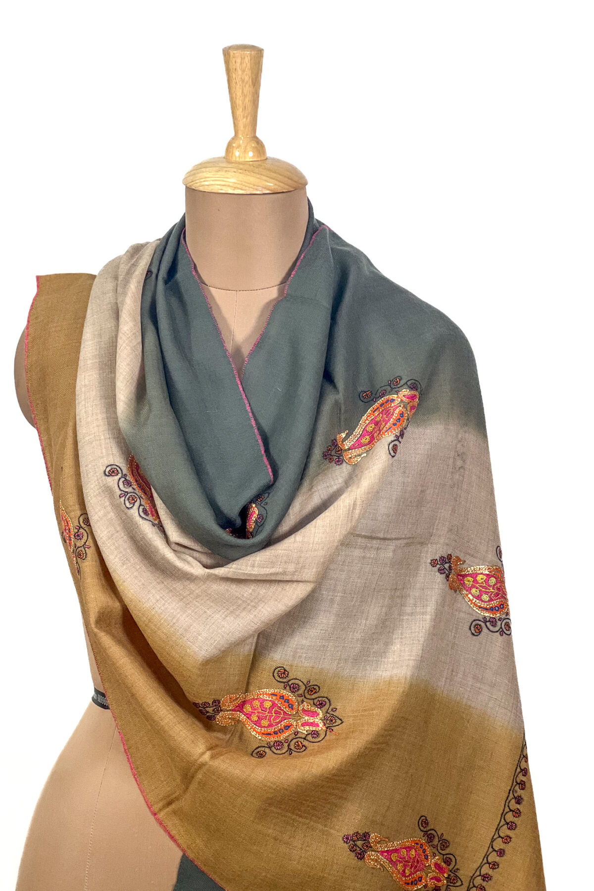 Mustard Beige and Green Pure Pashmina Sozni and Tilla Hand Embroidered Ombre Stole