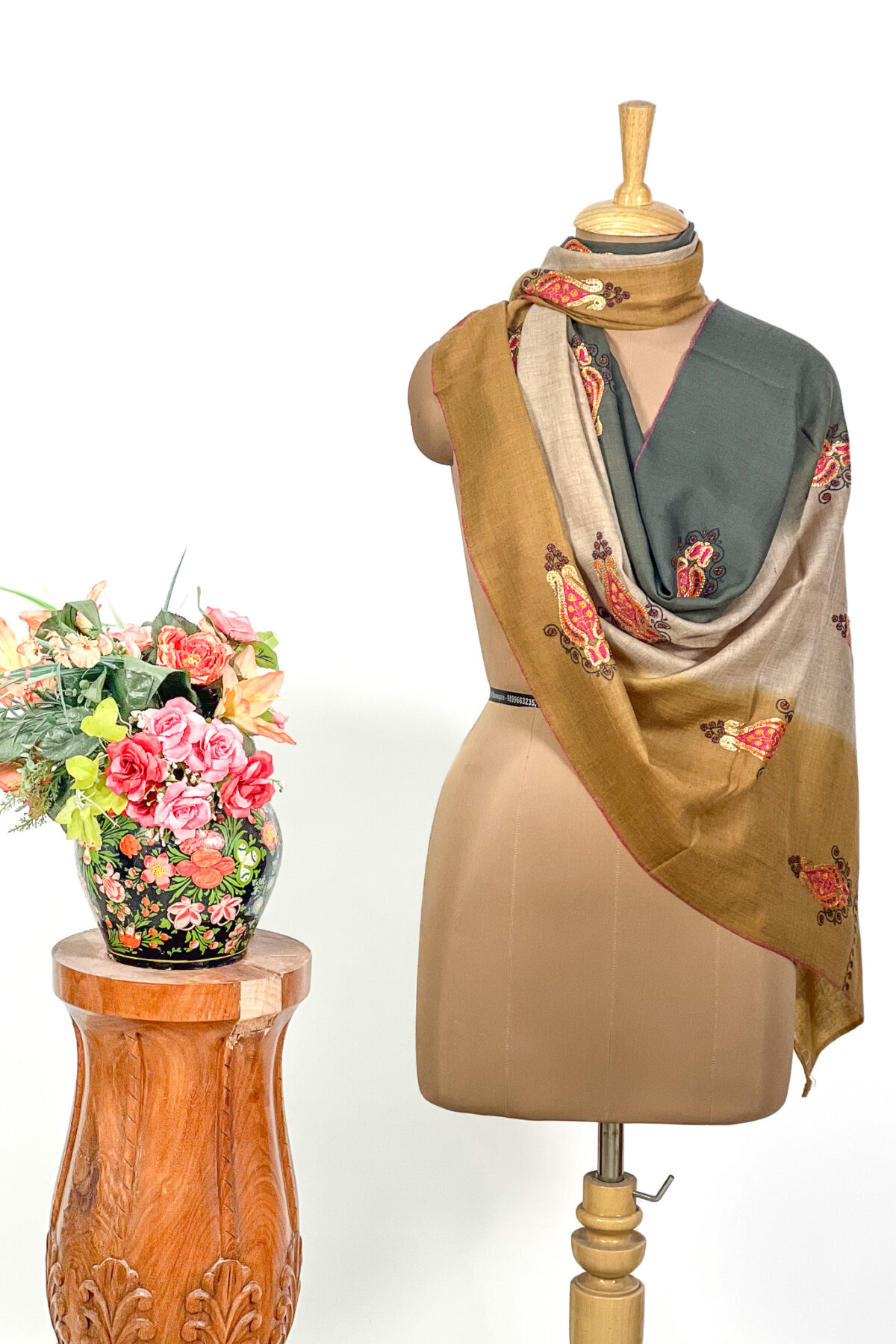 Mustard Beige and Green Pure Pashmina Sozni and Tilla Hand Embroidered Ombre Stole