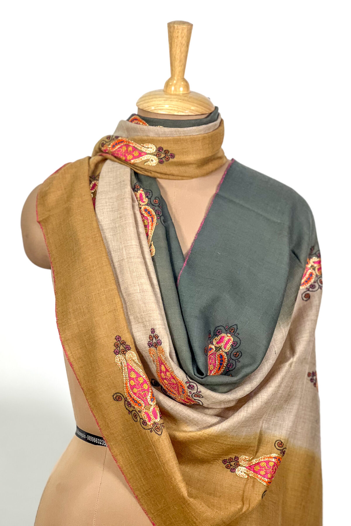 Mustard Beige and Green Pure Pashmina Sozni and Tilla Hand Embroidered Ombre Stole