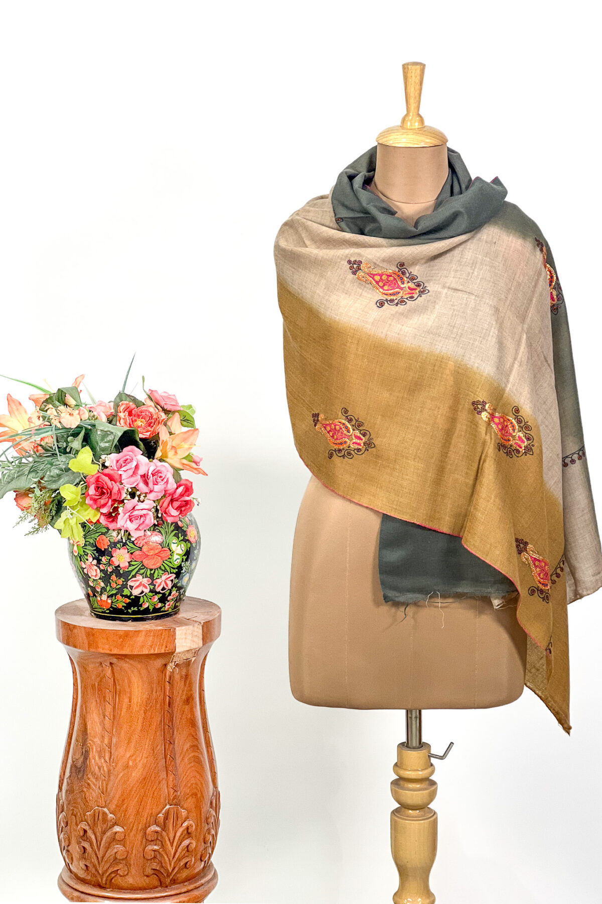 Mustard Beige and Green Pure Pashmina Sozni and Tilla Hand Embroidered Ombre Stole