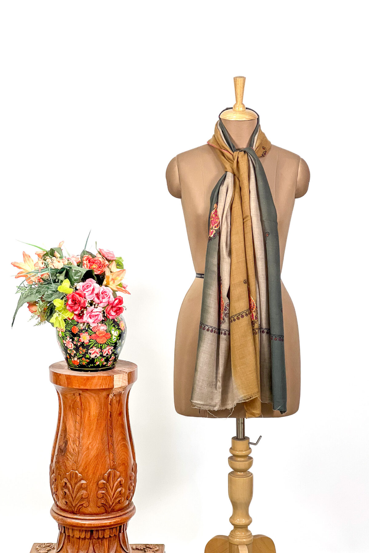 Mustard Beige and Green Pure Pashmina Sozni and Tilla Hand Embroidered Ombre Stole