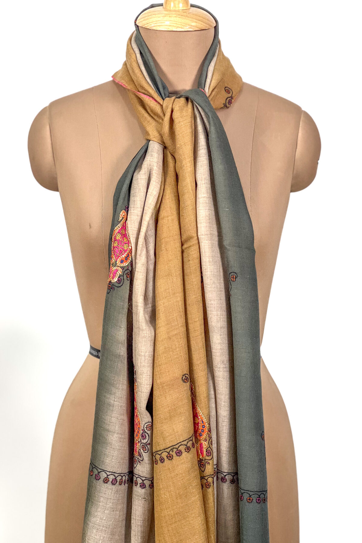 Mustard Beige and Green Pure Pashmina Sozni and Tilla Hand Embroidered Ombre Stole