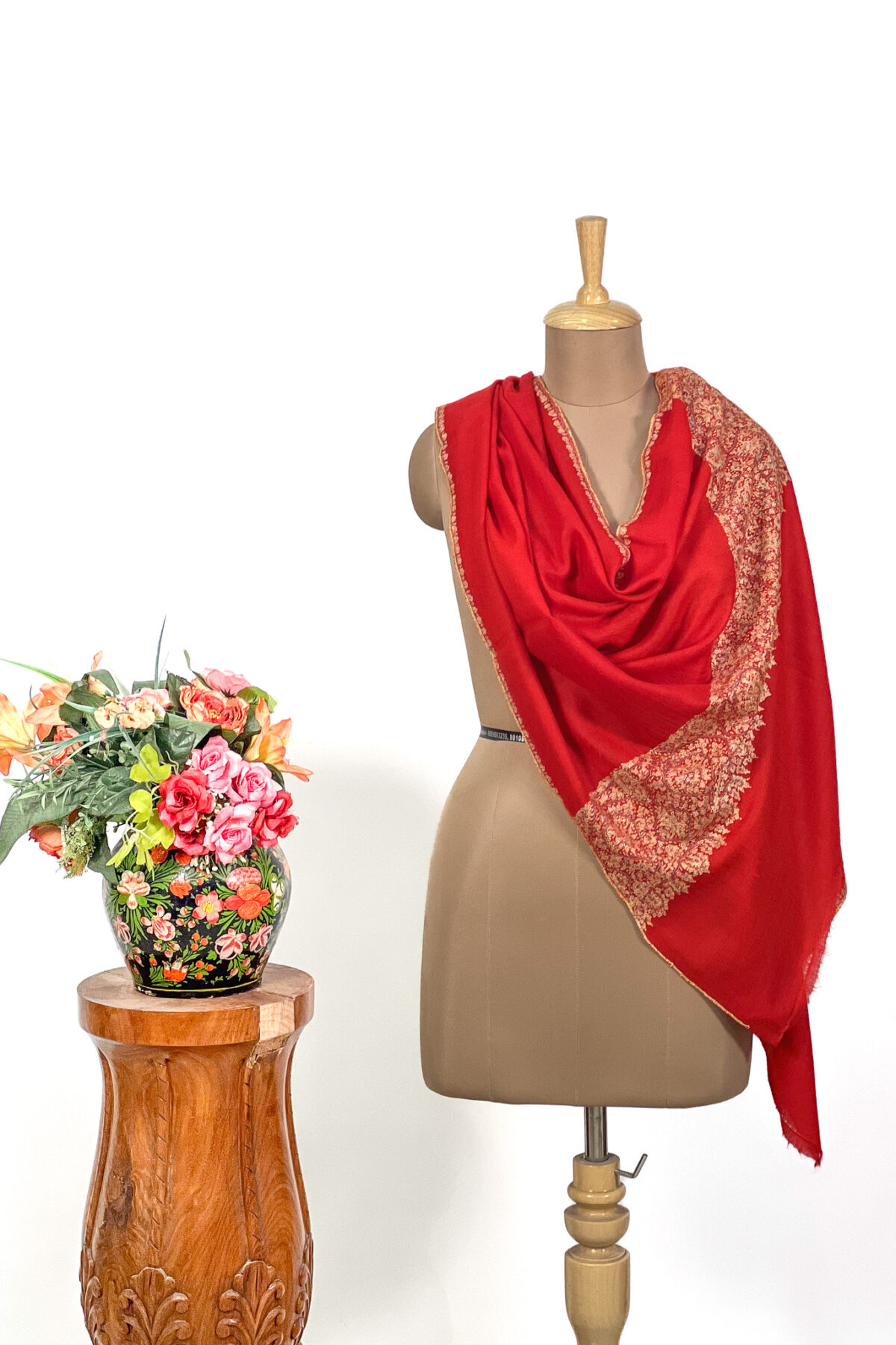 Red Pure Pashmina Sozni Palla Hand Embroidered Stole